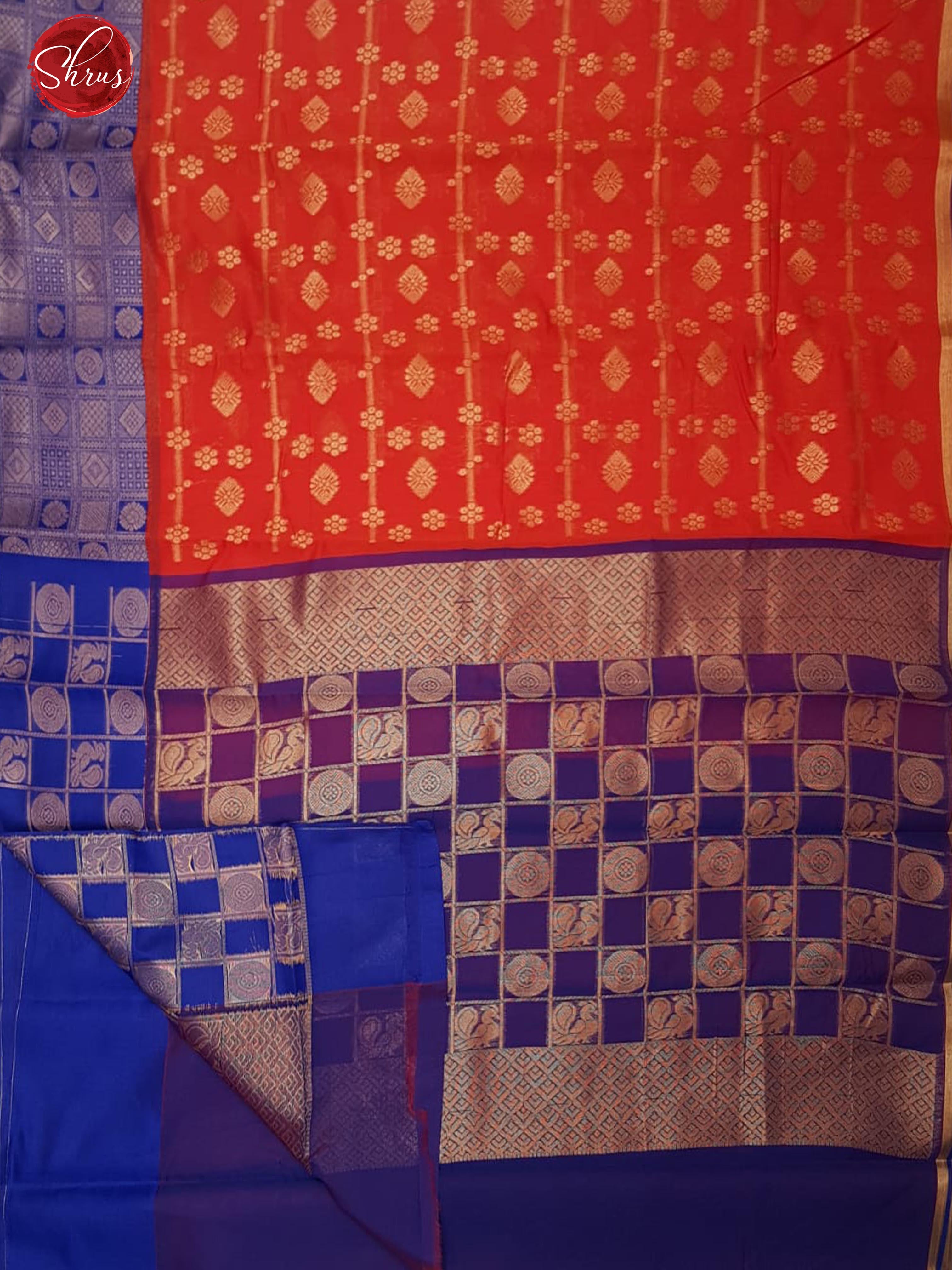 Red & Blue - Semi Kuppadam with Zari woven buttas on the body & Contrast Zari Border - Shop on ShrusEternity.com