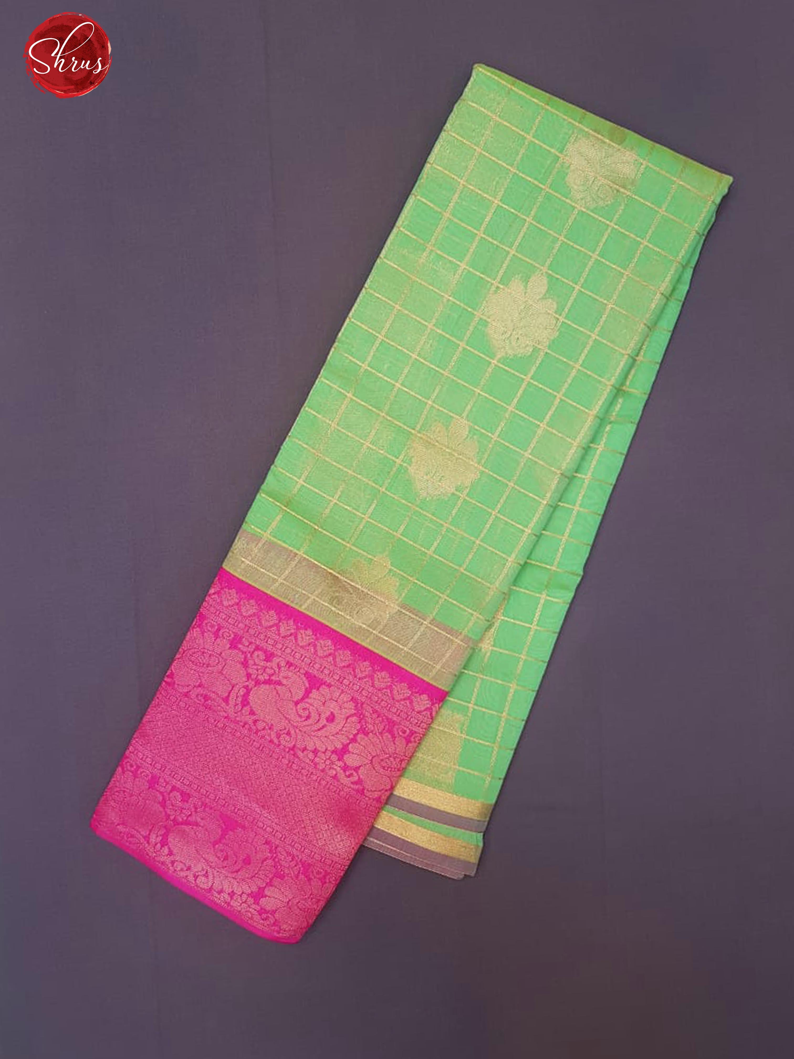 Pista Green & Pink- Semi Kuppadam with zari woven checks , floral buttas on the body& Zari Border - Shop on ShrusEternity.com