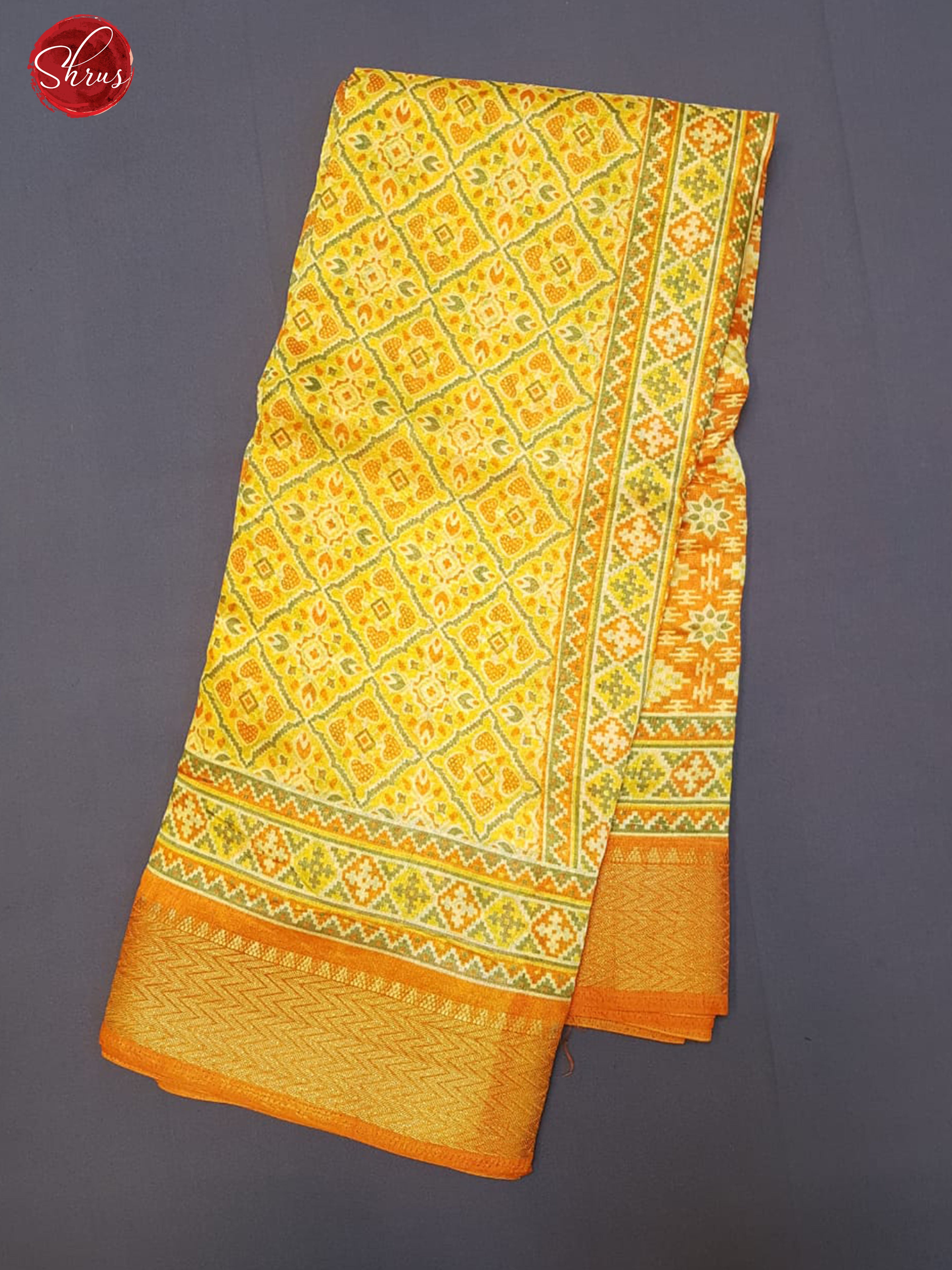 Yellow & Orange -Semi Jute with patola Floral printon the body& Zari Border - Shop on ShrusEternity.com