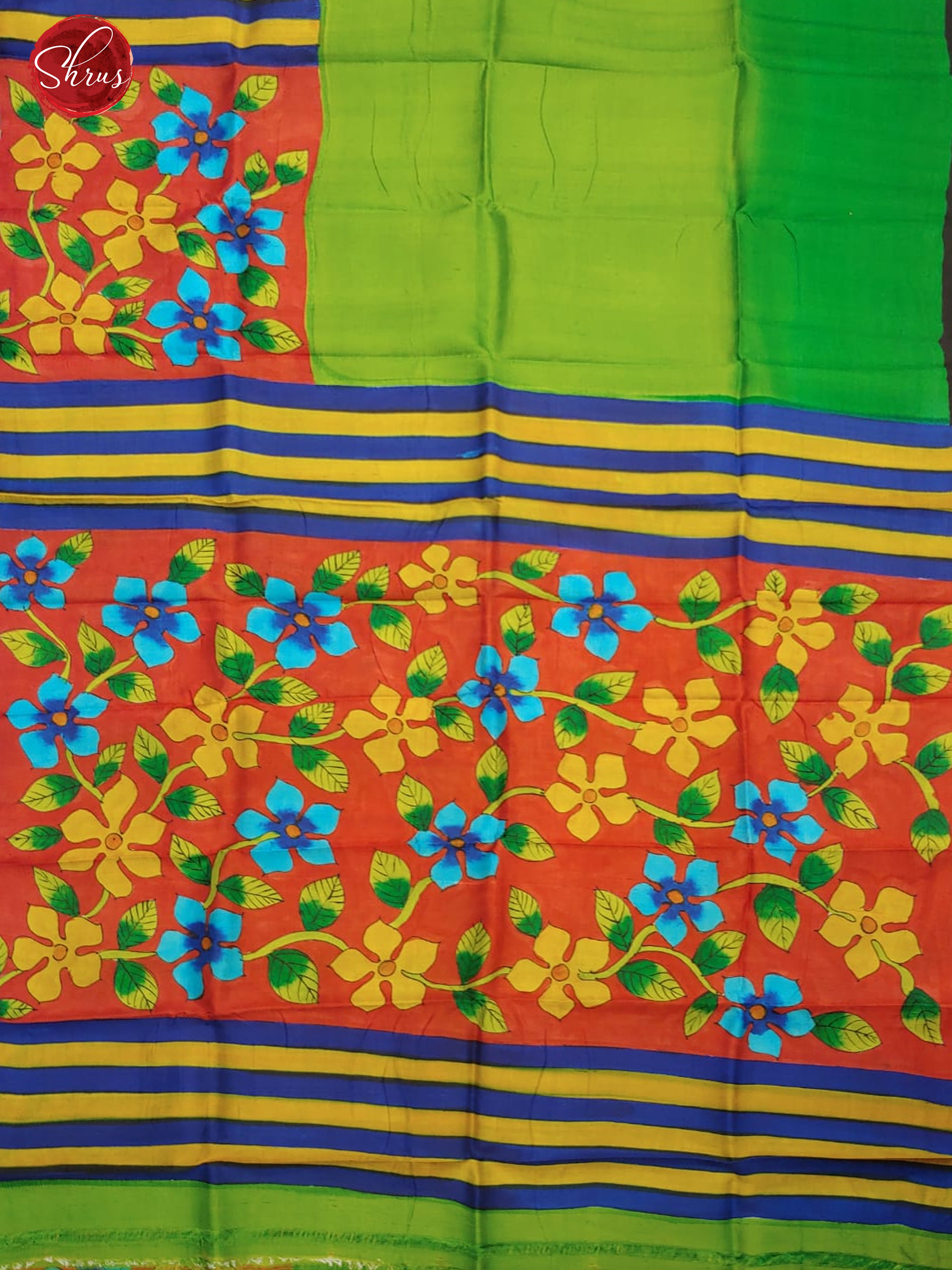 Parrot Green & Red - Murshidabad Silk with plain Body & Hand painted floral design on the border - Shop on ShrusEternity.com