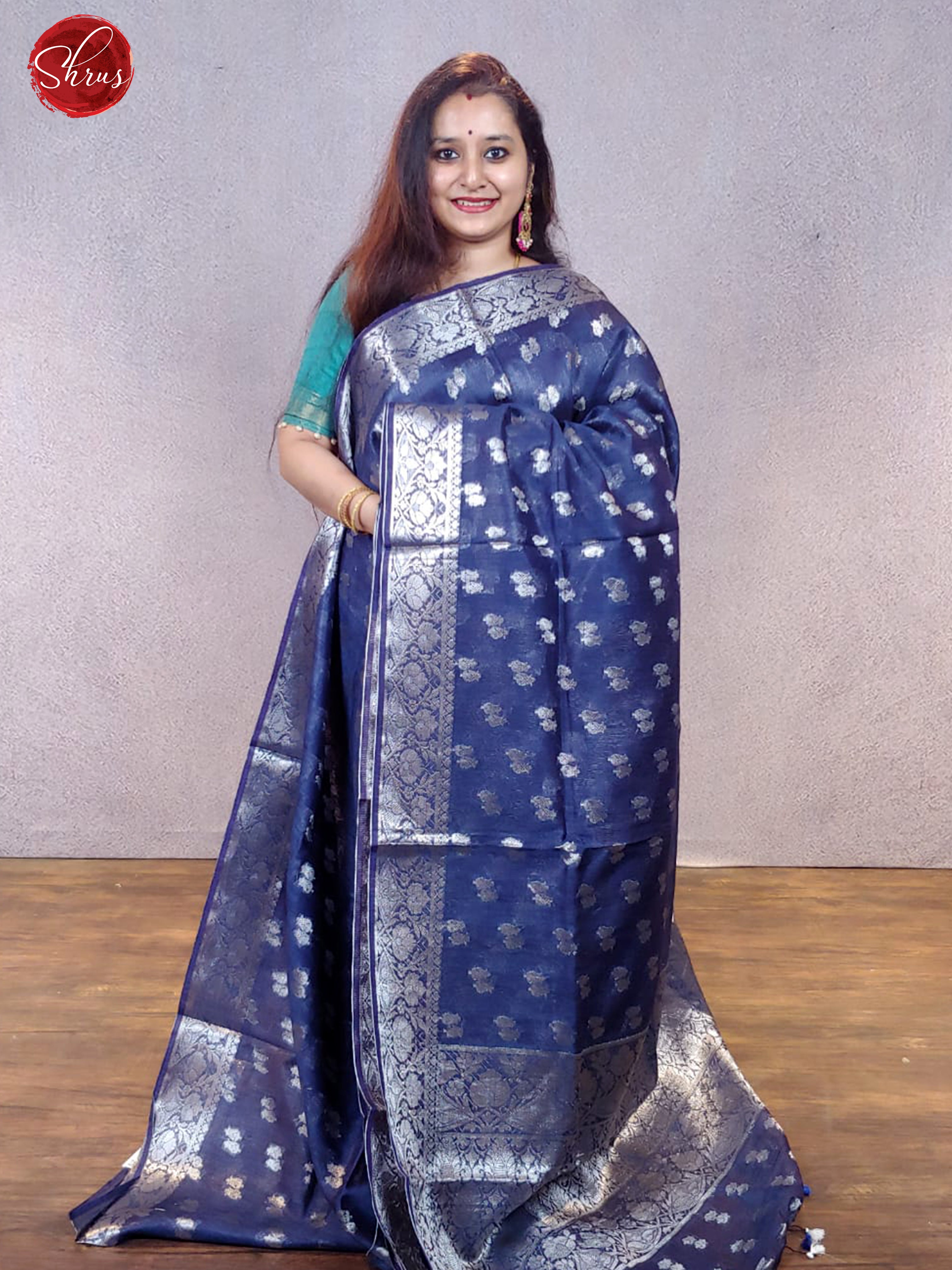 Dark Blue(Single Tone)- Muslin Silk with zari woven buttas on the body & Zari Border - Shop on ShrusEternity.com