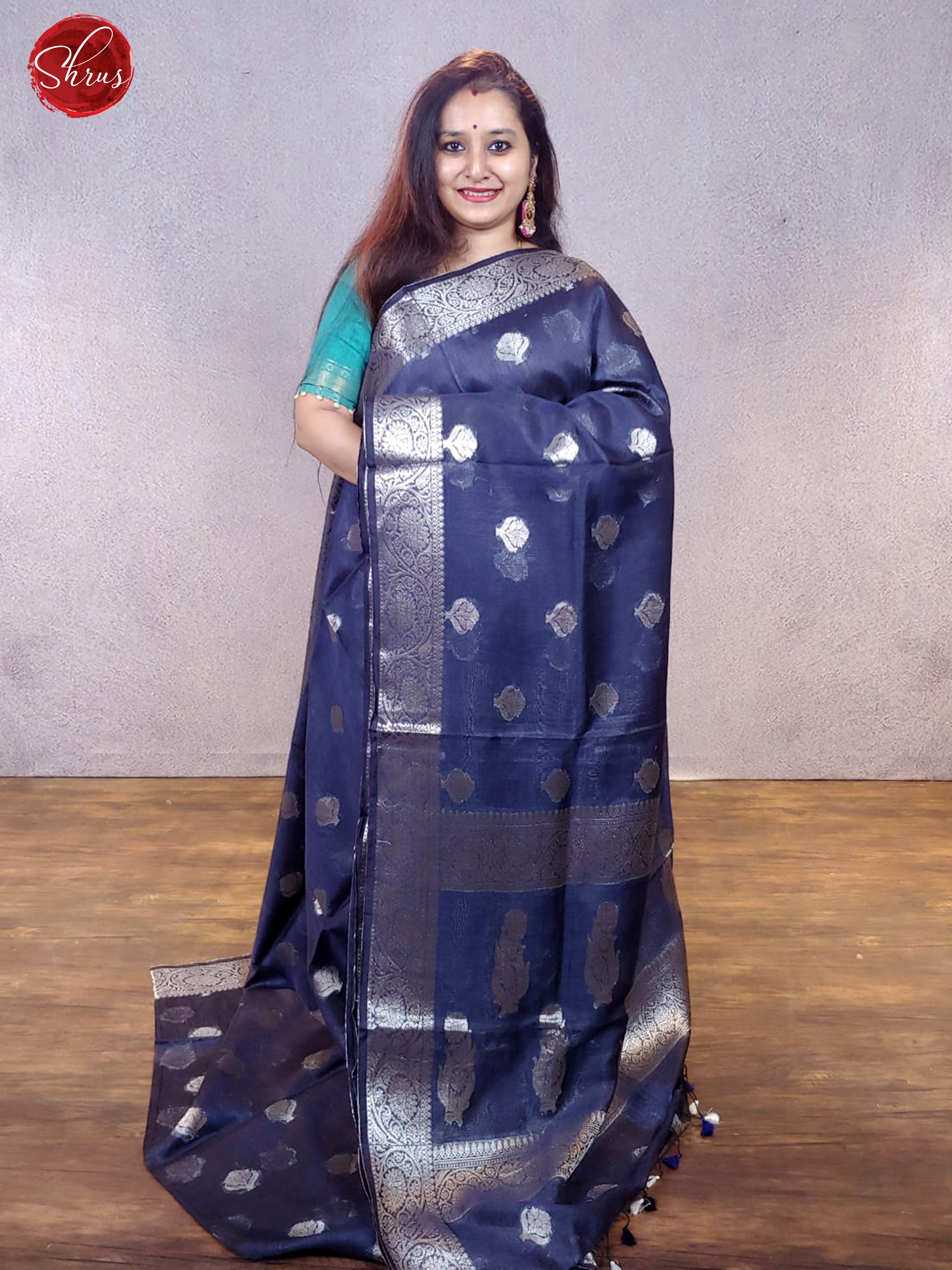 Navy Blue (Single Tone)- Muslin Silk with Zari woven floral motifs on the body & Zari Border - Shop on ShrusEternity.com