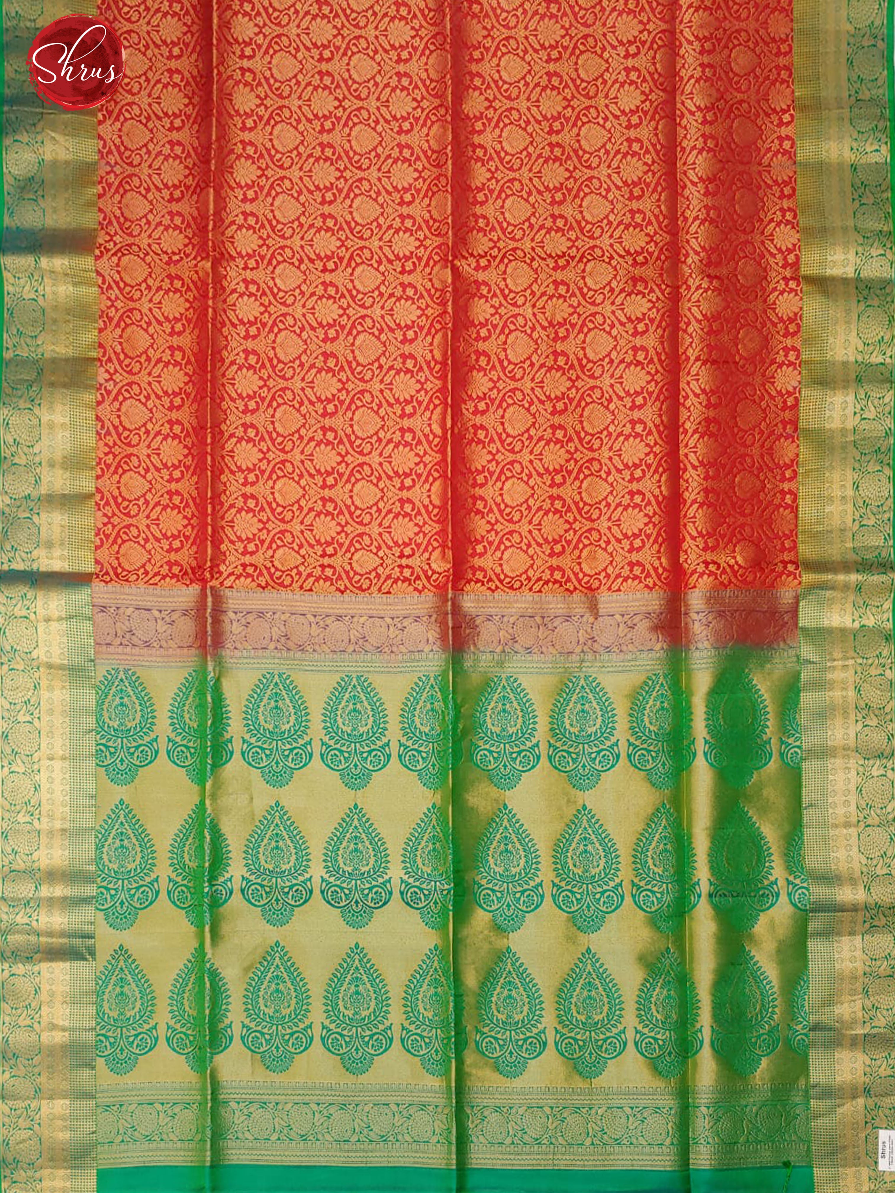 Red & Green - Soft Silk with zari woven floral nestling brocade on the body & Contrast Zari Border - Shop on ShrusEternity.com