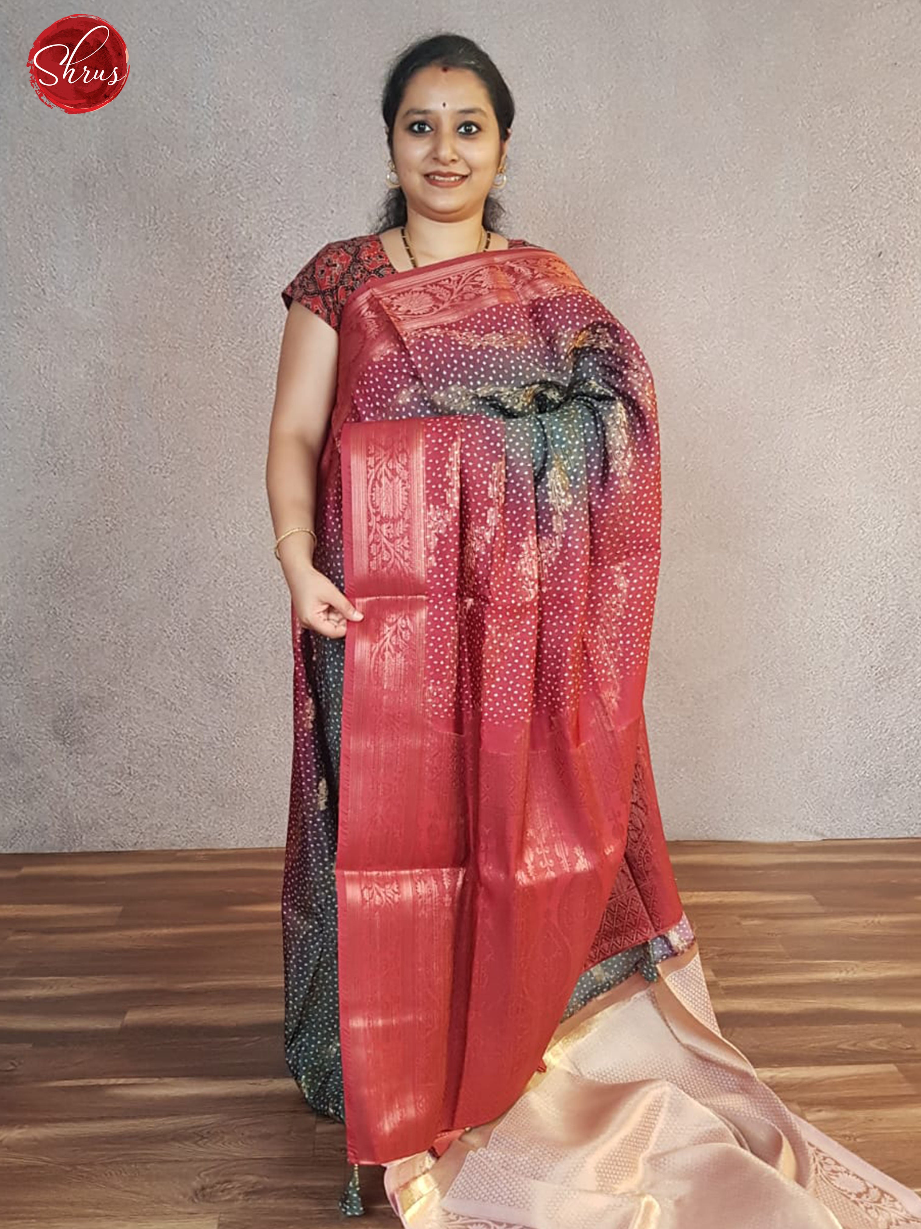 Elephant Grey & Red  - Art Bandhini with zari diagonal stripes , bandhini buttas on the body & Contrast Zari Border - Shop on ShrusEternity.com