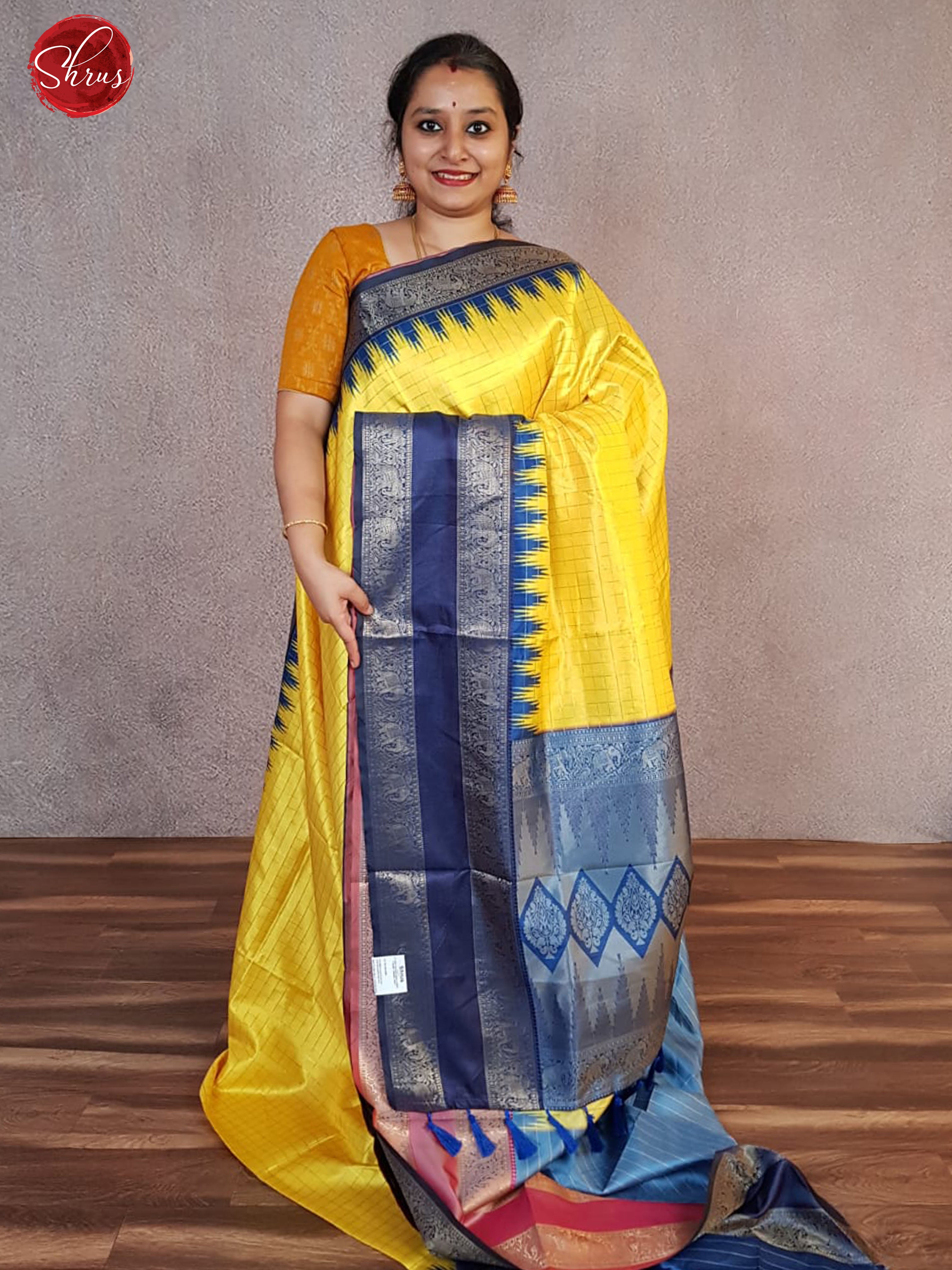 Yellow & Blue - Semi Dupion with zari checks on the body & Contrast Zari Border - Shop on ShrusEternity.com