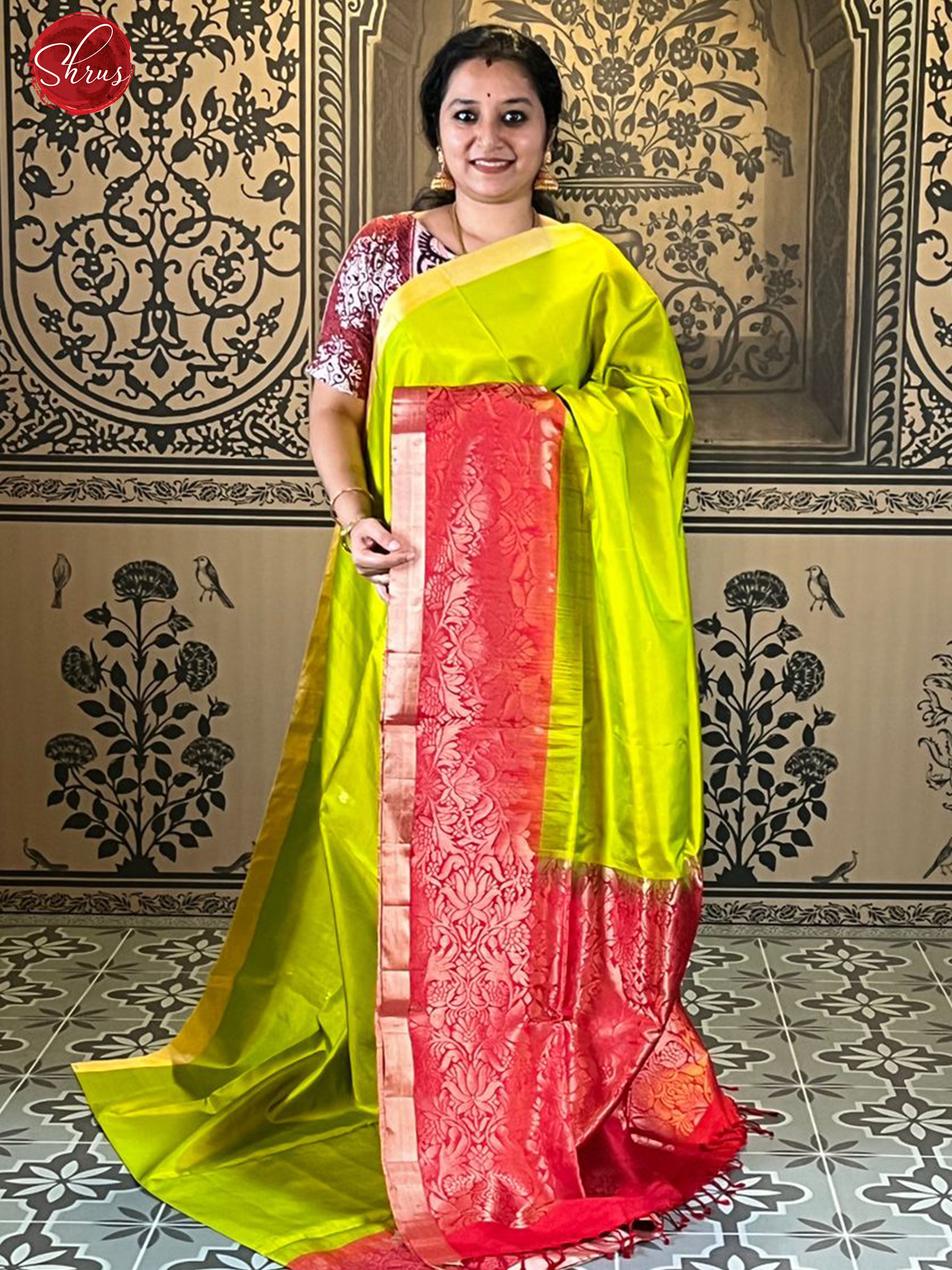 Parrot Green & Red - Soft Silk with zari woven buttas on the body & Contrast Zari border - Shop on ShrusEternity.com