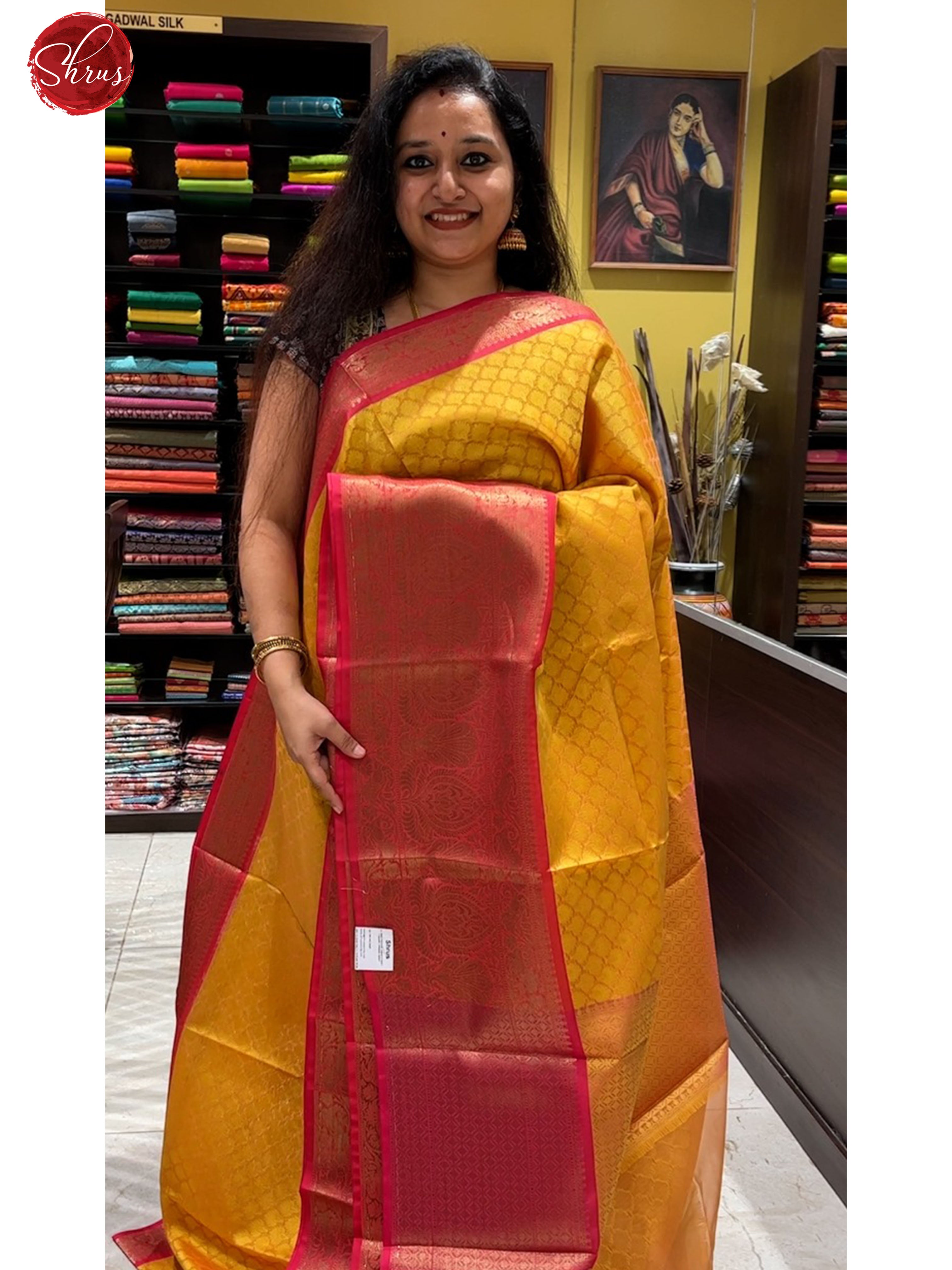 Yellow & Pink - Tanchoi Semi Silk with zari woven buttas brocade on the body & Contrast Zari Border - Shop on ShrusEternity.com