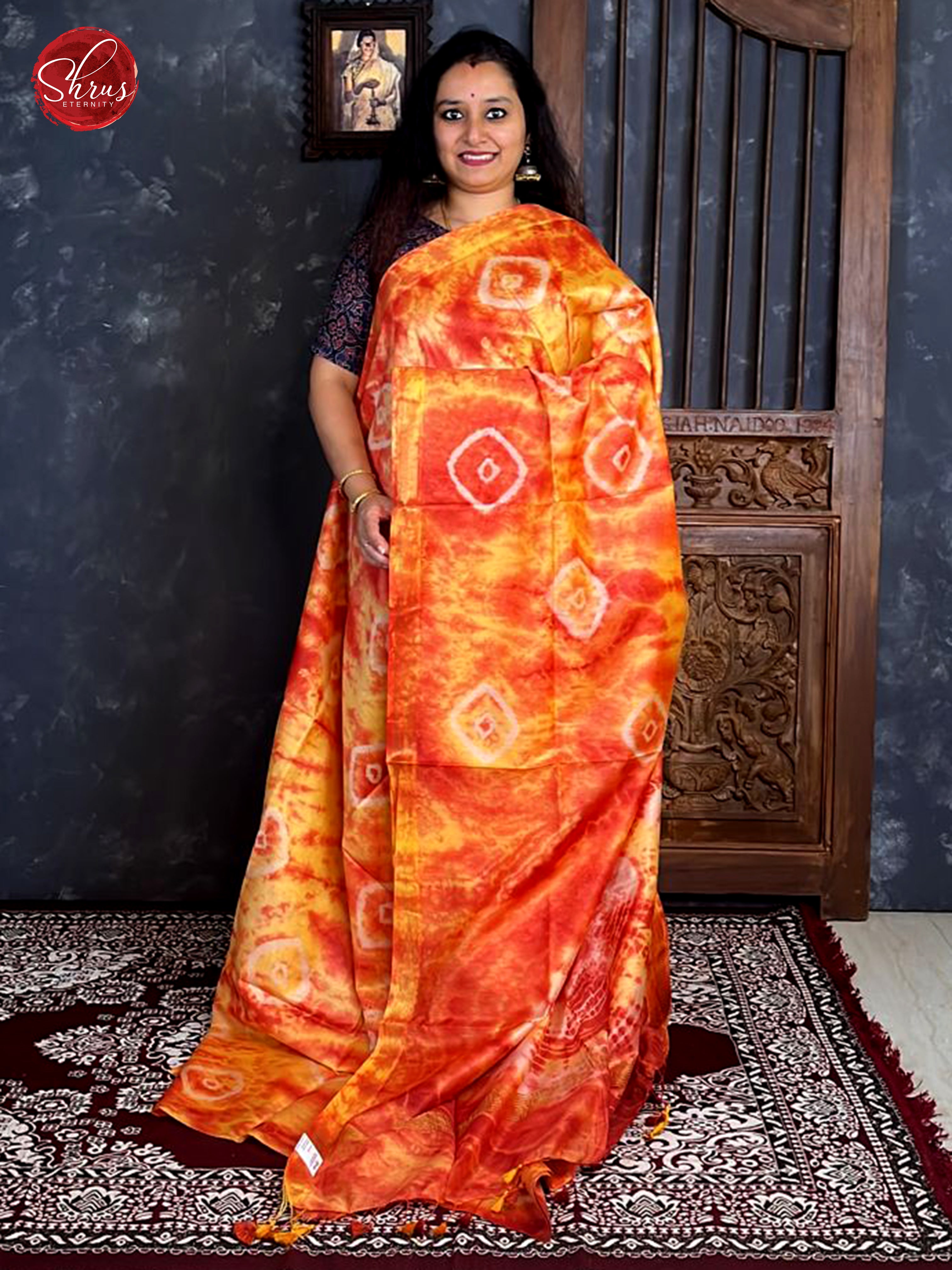 Orange(Single Tone)- Semi Tussar with Bandhini pattern on the body  & Zari Border - Shop on ShrusEternity.com