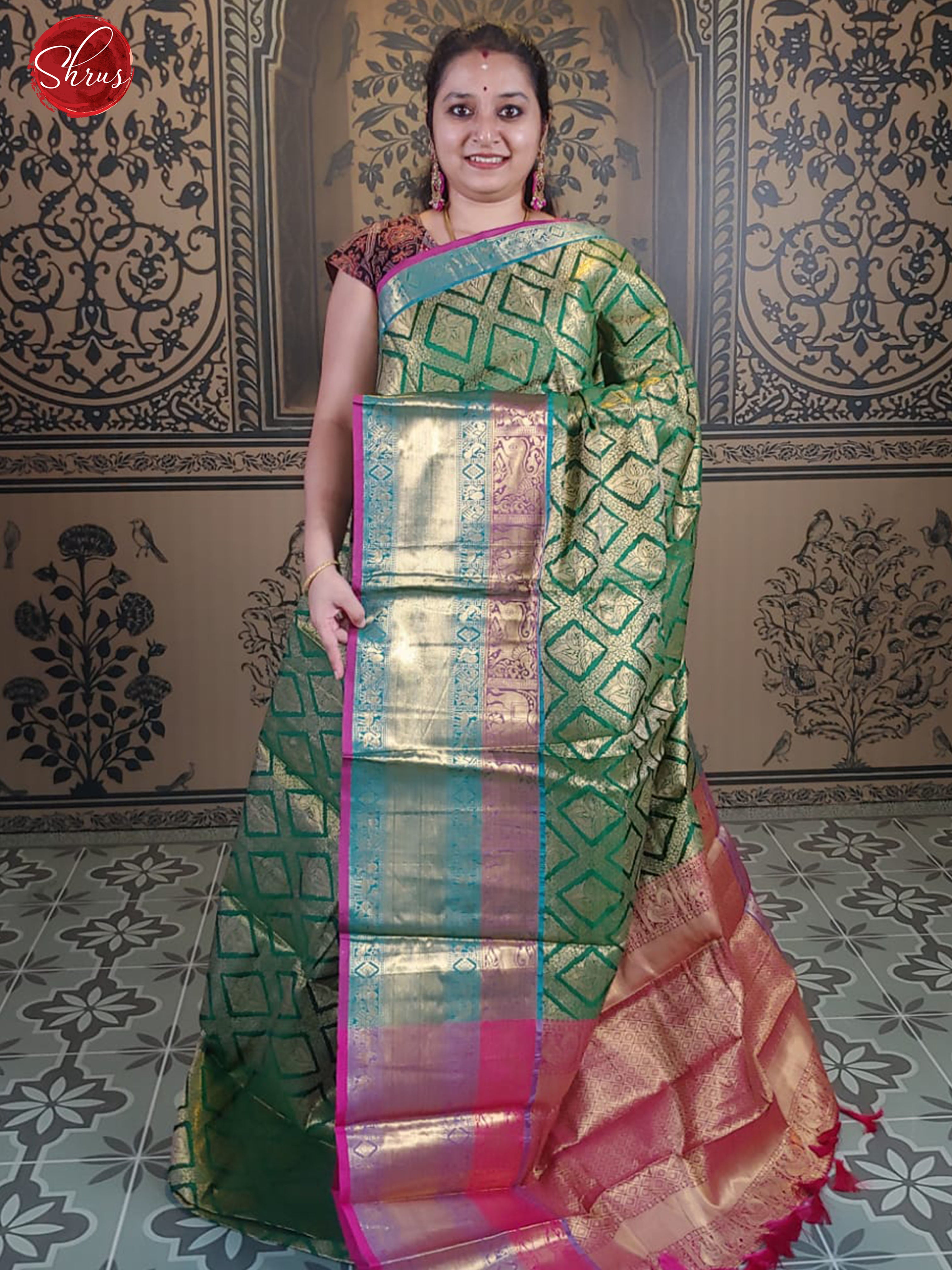 Green & Pink - Semi Kanchipuram Silk with zari brocade on the body & Contrast Zari Border - Shop on ShrusEternity.com