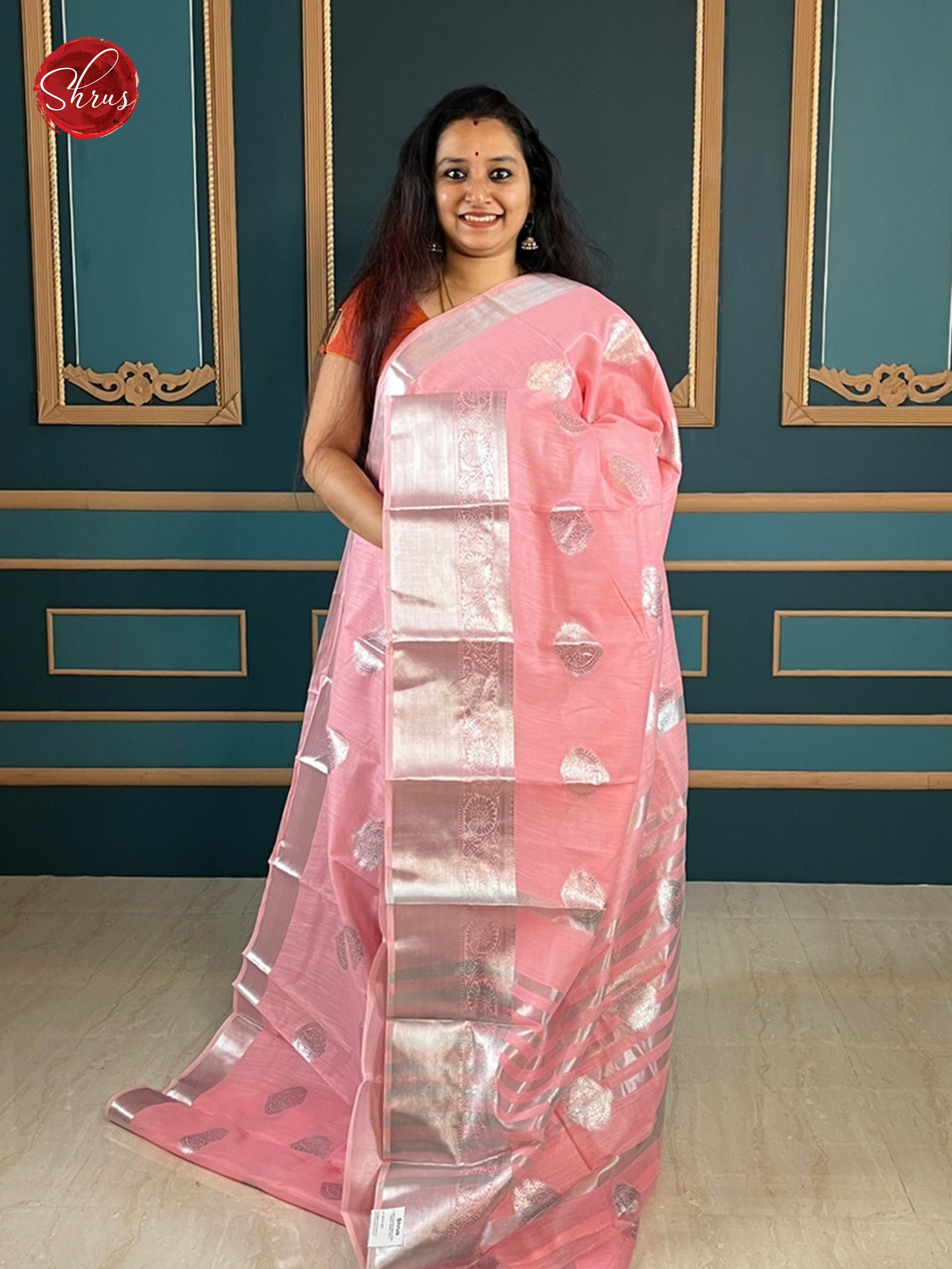 Baby Pink(Single Tone) - Art Linen with zari woven floral motifs on the body & Zari Border - Shop on ShrusEternity.com