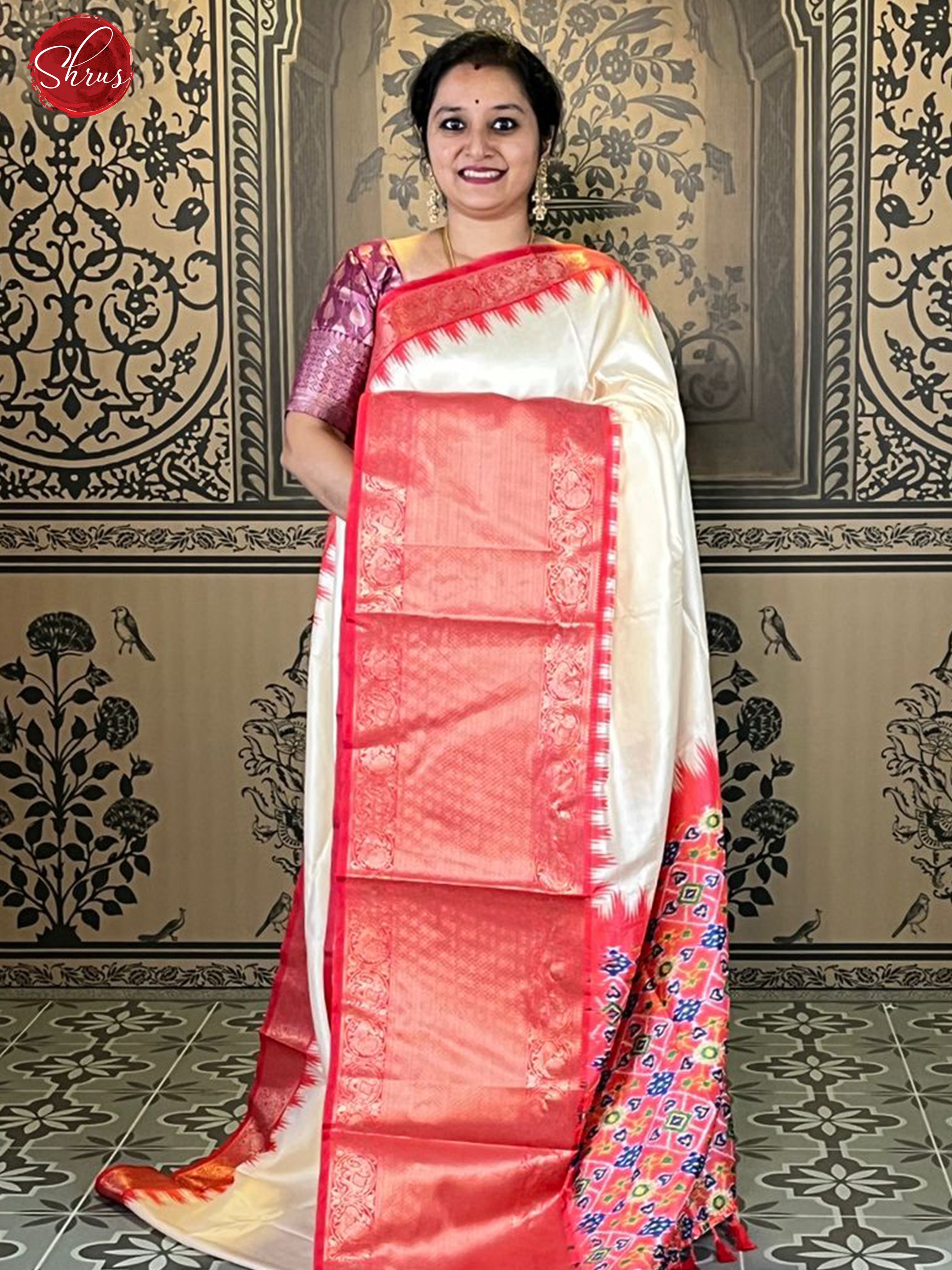 Cream & Red - Semi Ikkat with plain body & contrast zari border - Shop on ShrusEternity.com