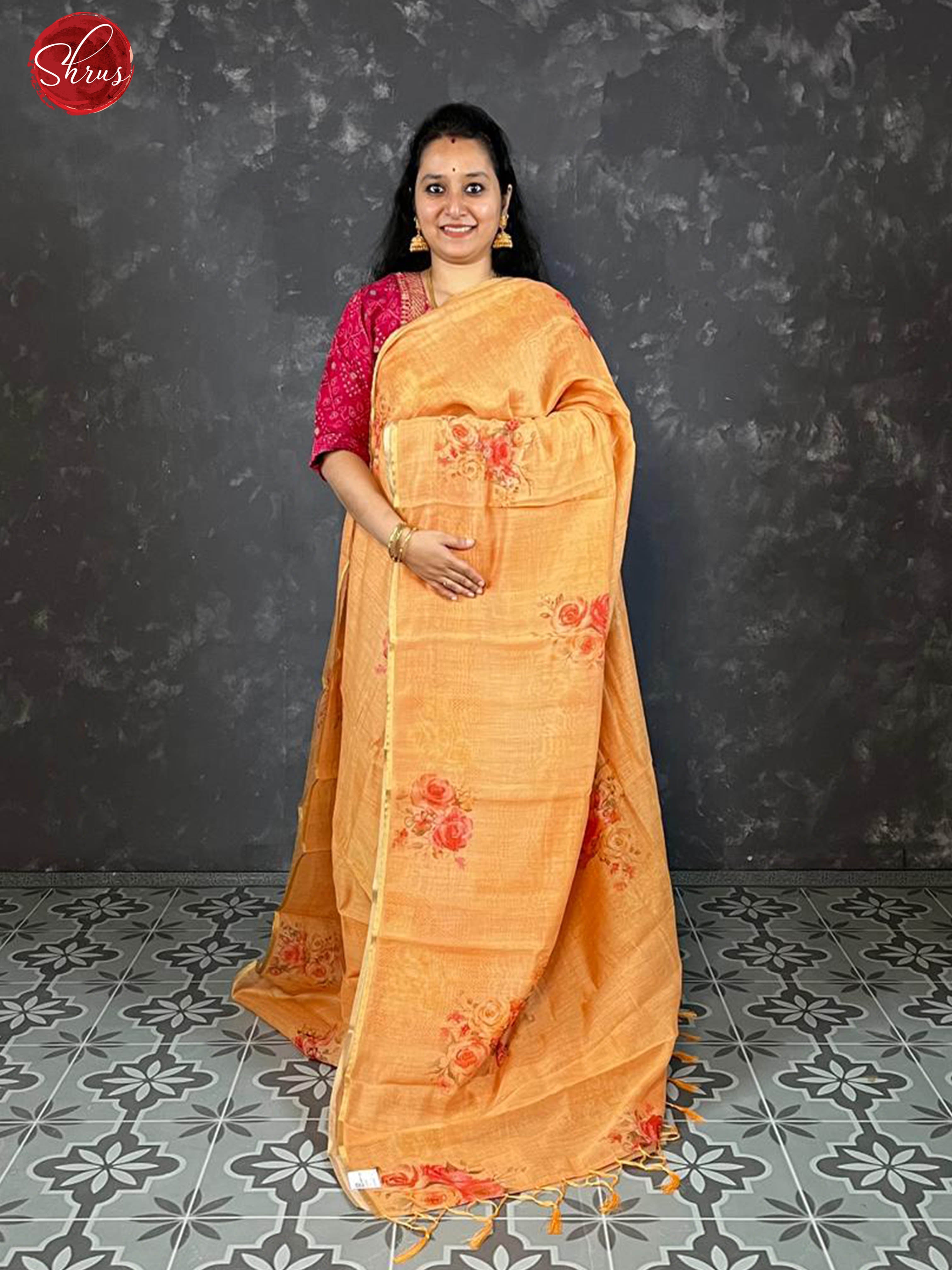 Orange (Single Tone)- Borderless Semi Chanderi with floral print on the body - Shop on ShrusEternity.com
