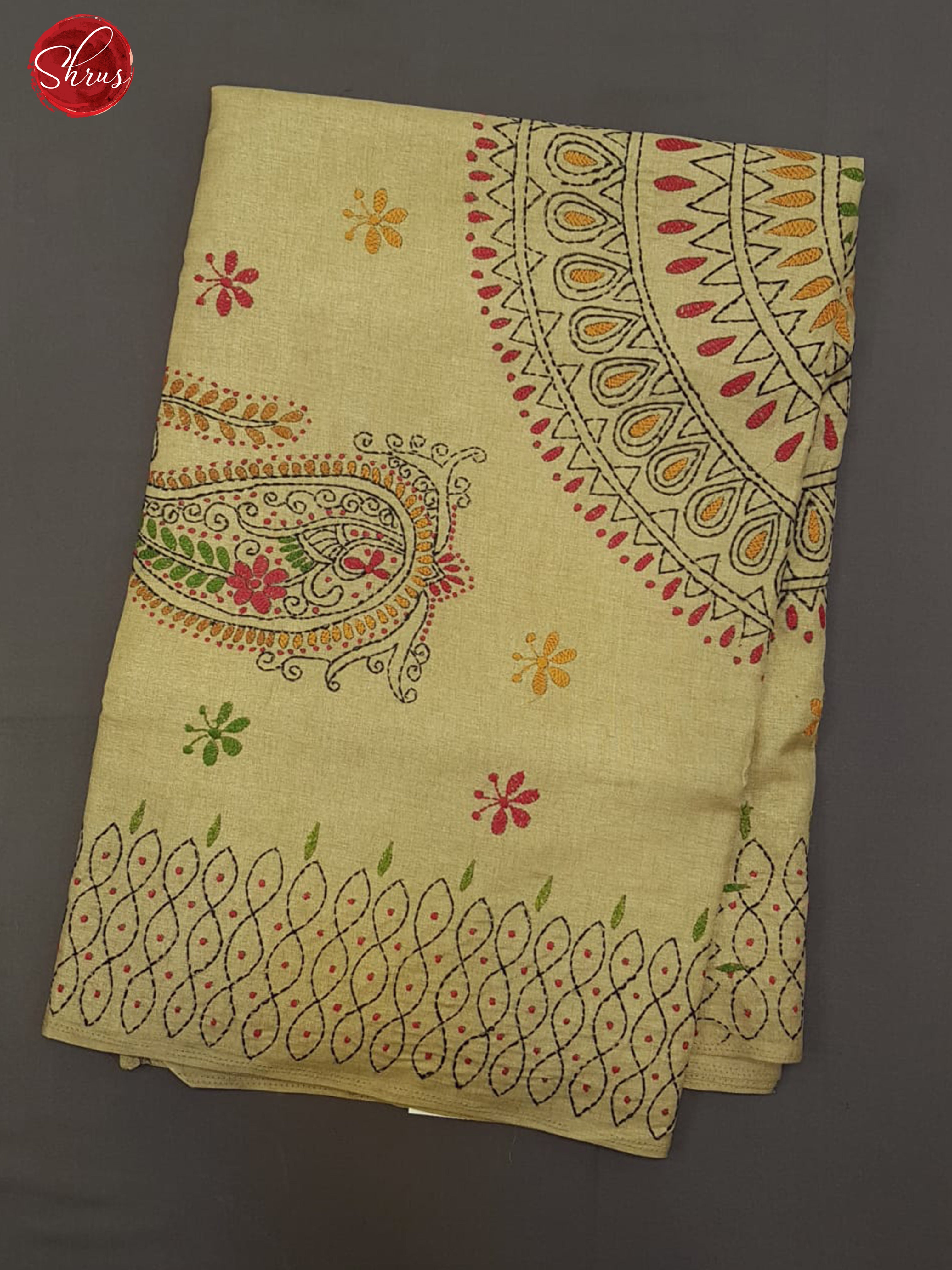 Beige(Single Tone)- Semi Kantha ( Poly mix ) with floral embroidery  kantha stitch on the body& Border - Shop on ShrusEternity.com
