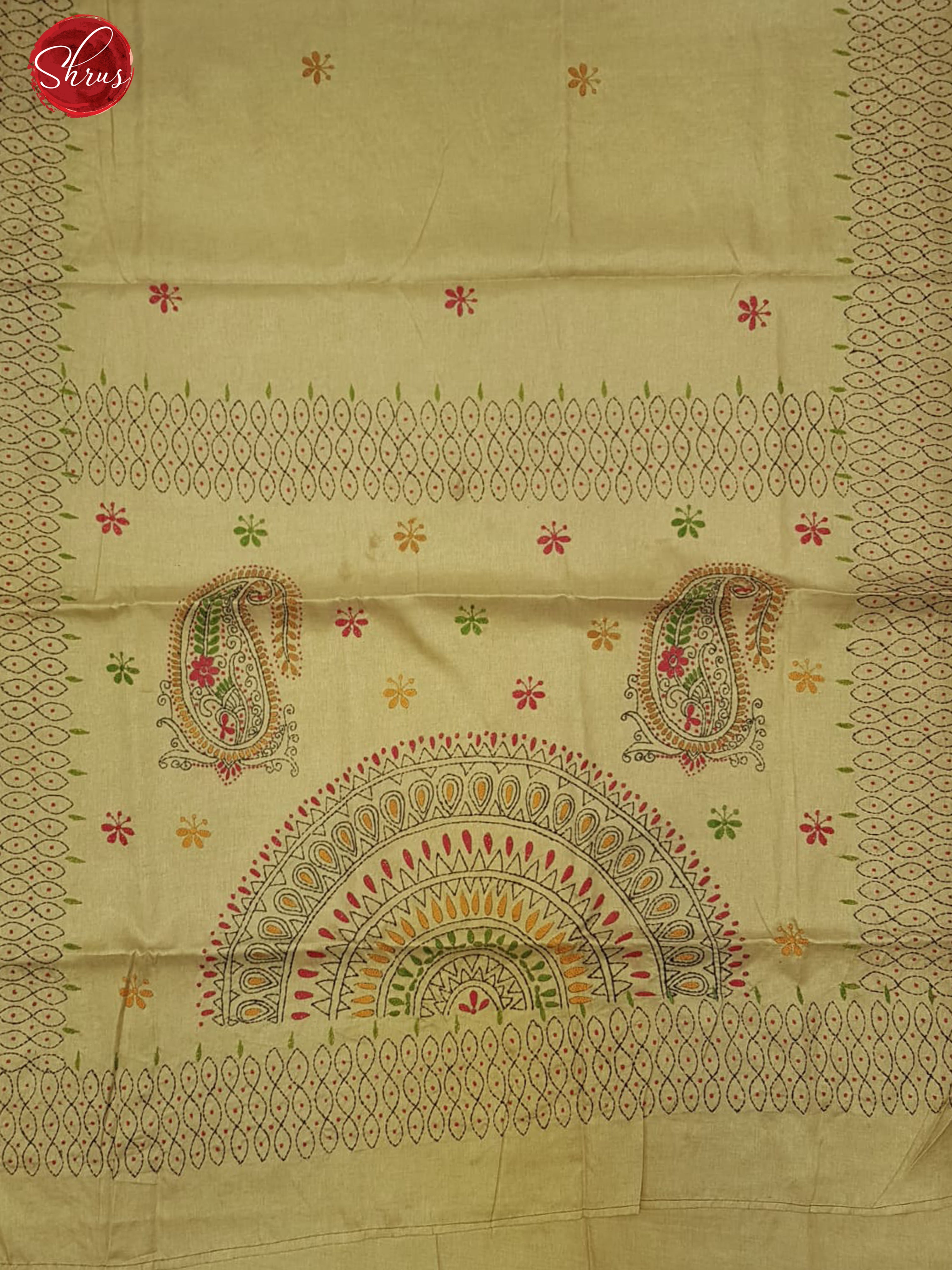 Beige(Single Tone)- Semi Kantha ( Poly mix ) with floral embroidery  kantha stitch on the body& Border - Shop on ShrusEternity.com