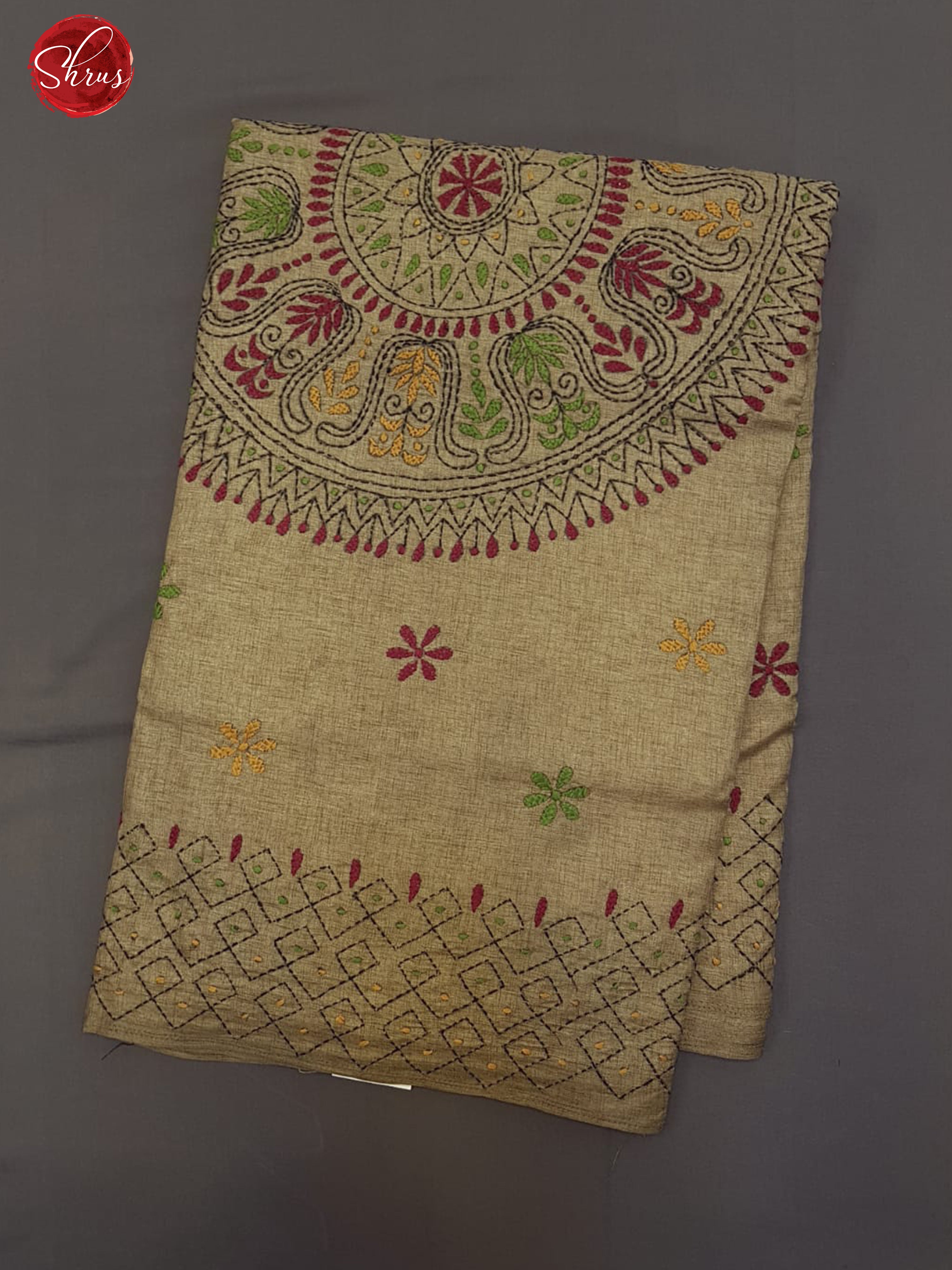 Light Brown(Single Tone)- Semi Kantha ( Poly mix ) with floral embroidery  kantha stitch on the body& Border - Shop on ShrusEternity.com