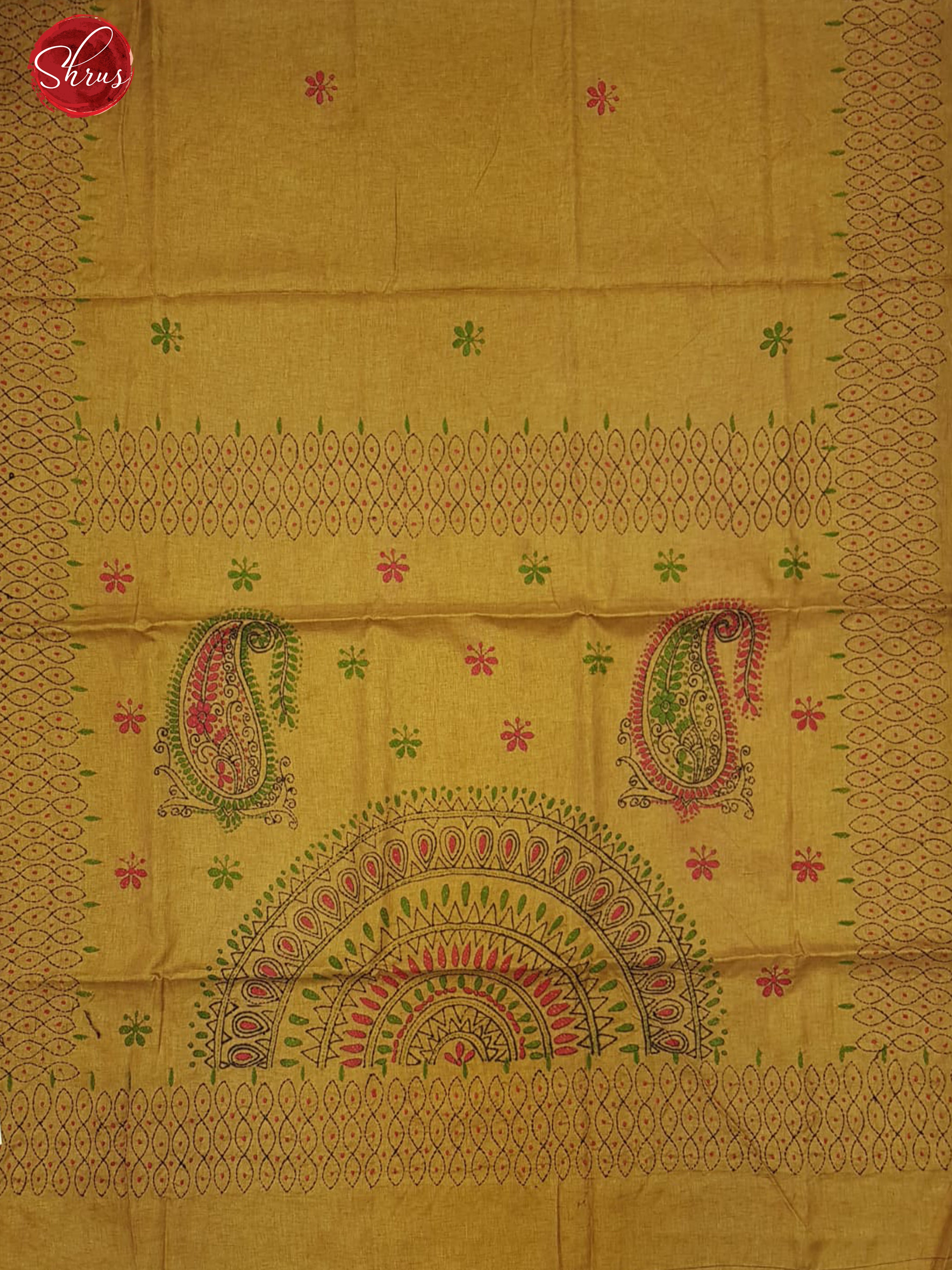 Mustard(Single Tone)- Semi Kantha ( Poly mix ) with floral embroidery  kantha stitch on the body& Border - Shop on ShrusEternity.com
