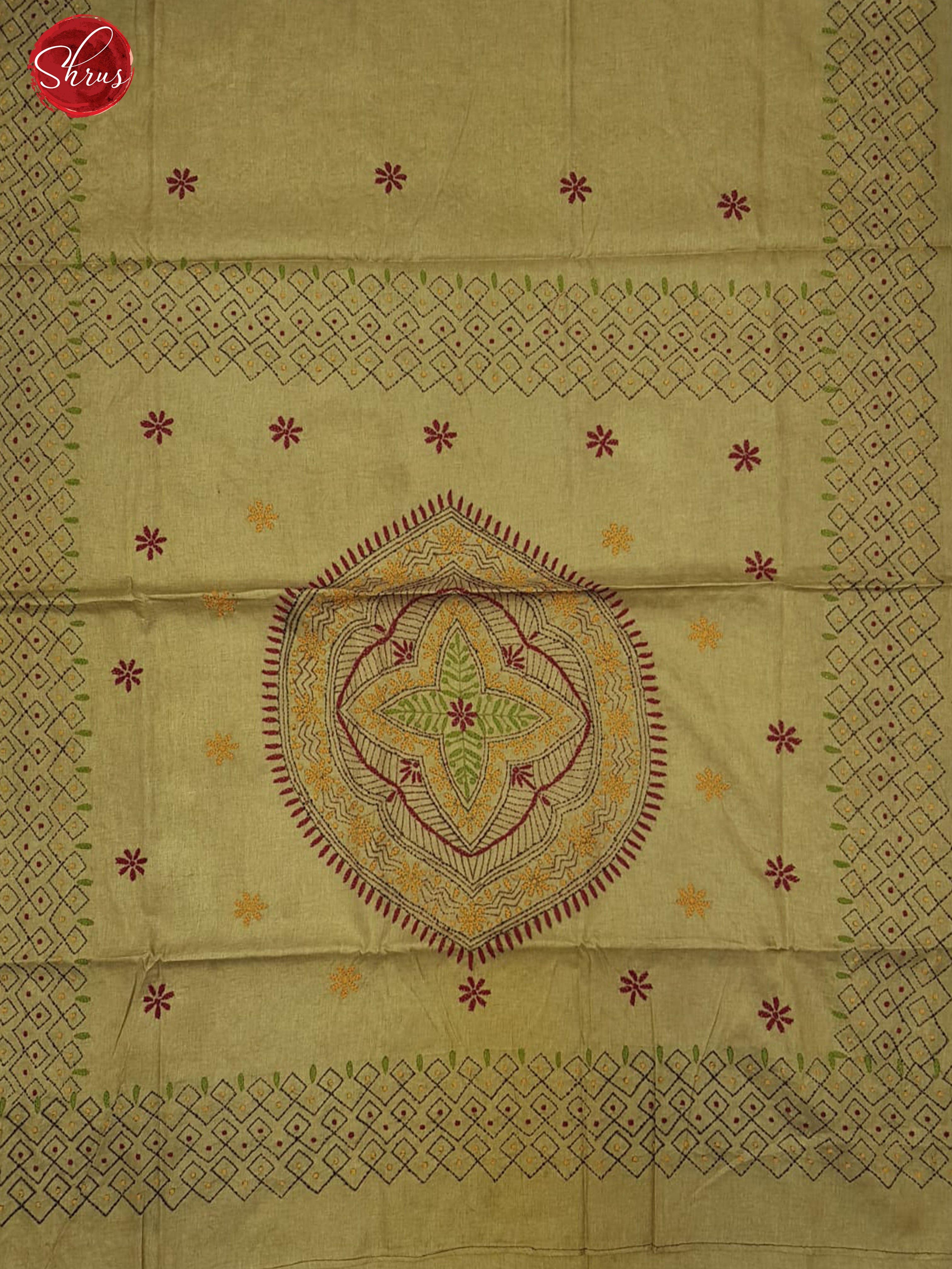 Beige (Single Tone)- Semi Kantha ( Poly mix ) with floral embroidery  kantha stitch on the body& Border - Shop on ShrusEternity.com