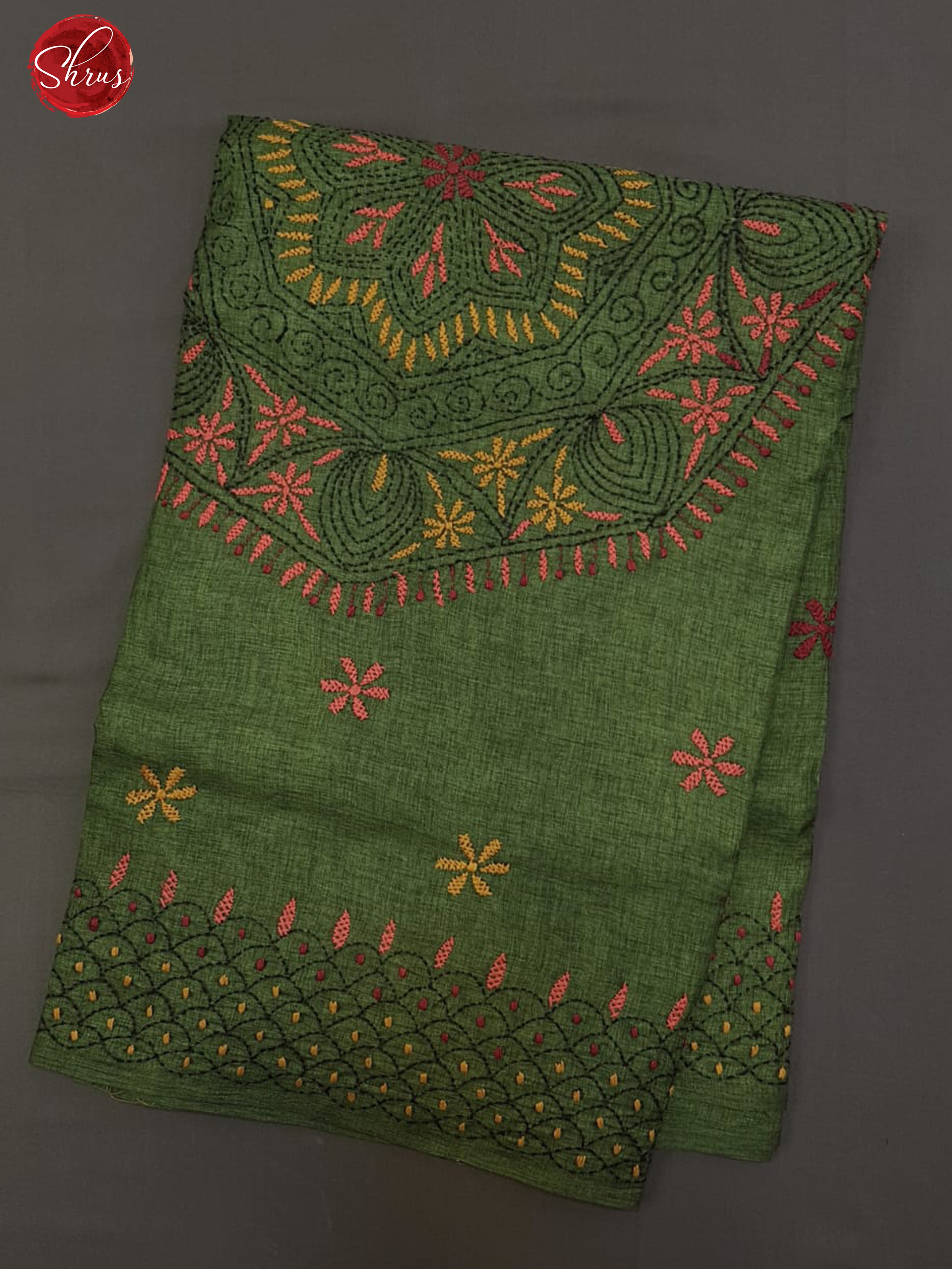 Green(Single Tone)- Semi Kantha ( Poly mix ) with floral embroidery  kantha stitch on the body& Border - Shop on ShrusEternity.com