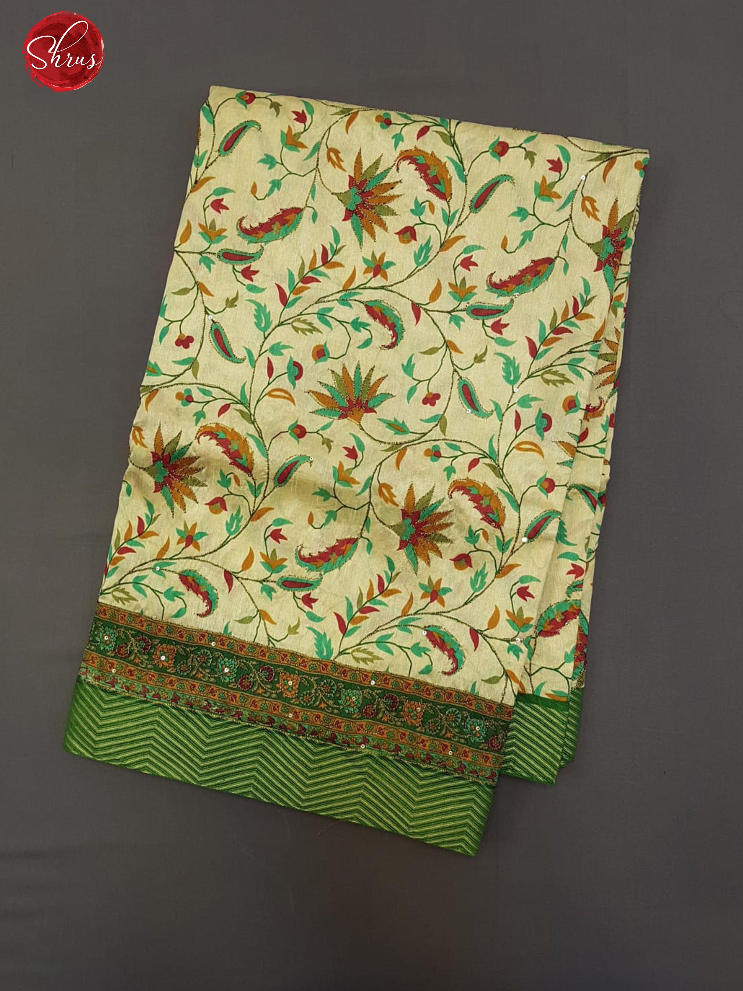 Cream & Green -Semi Kantha ( Poly mix ) with printed ,   kantha stitch on the body& Border - Shop on ShrusEternity.com