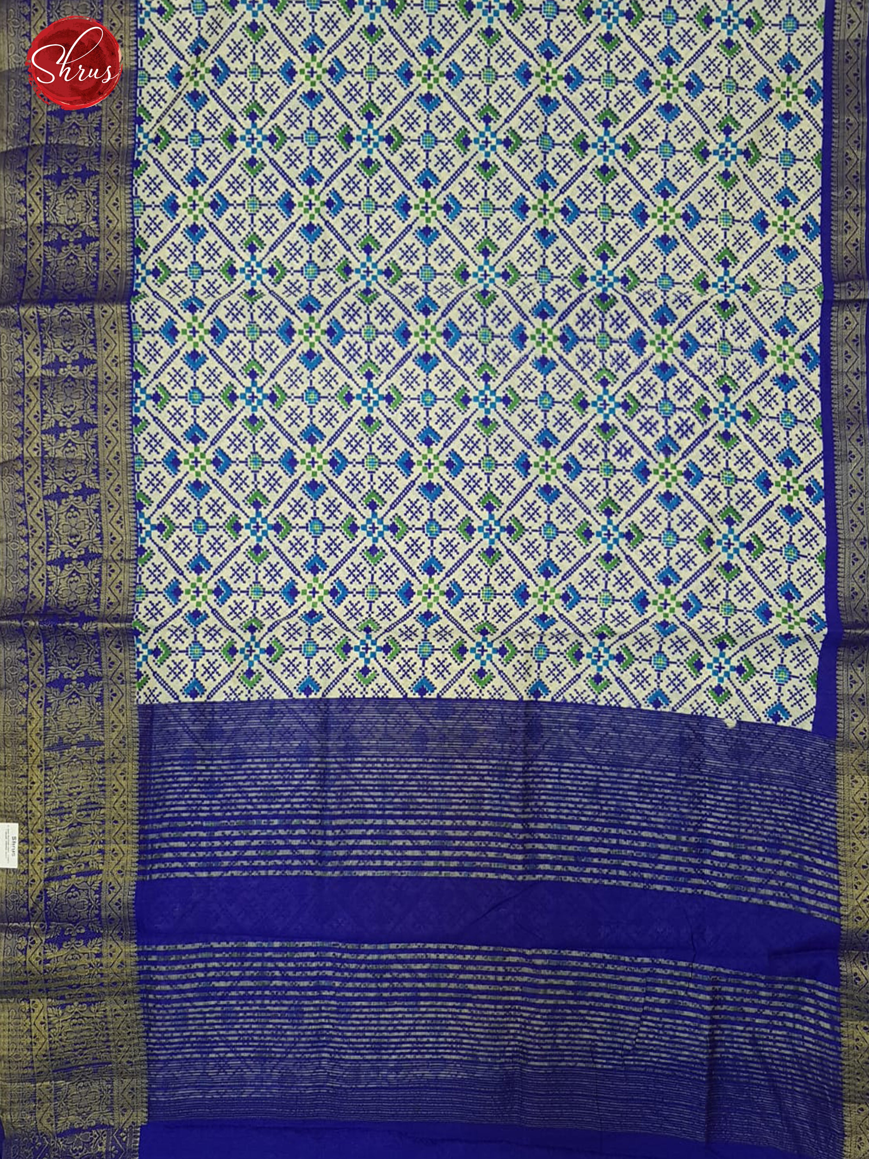 Cream & Blue - Semi Patola with patola floral print on the body  &  contrast  zari border - Shop on ShrusEternity.com