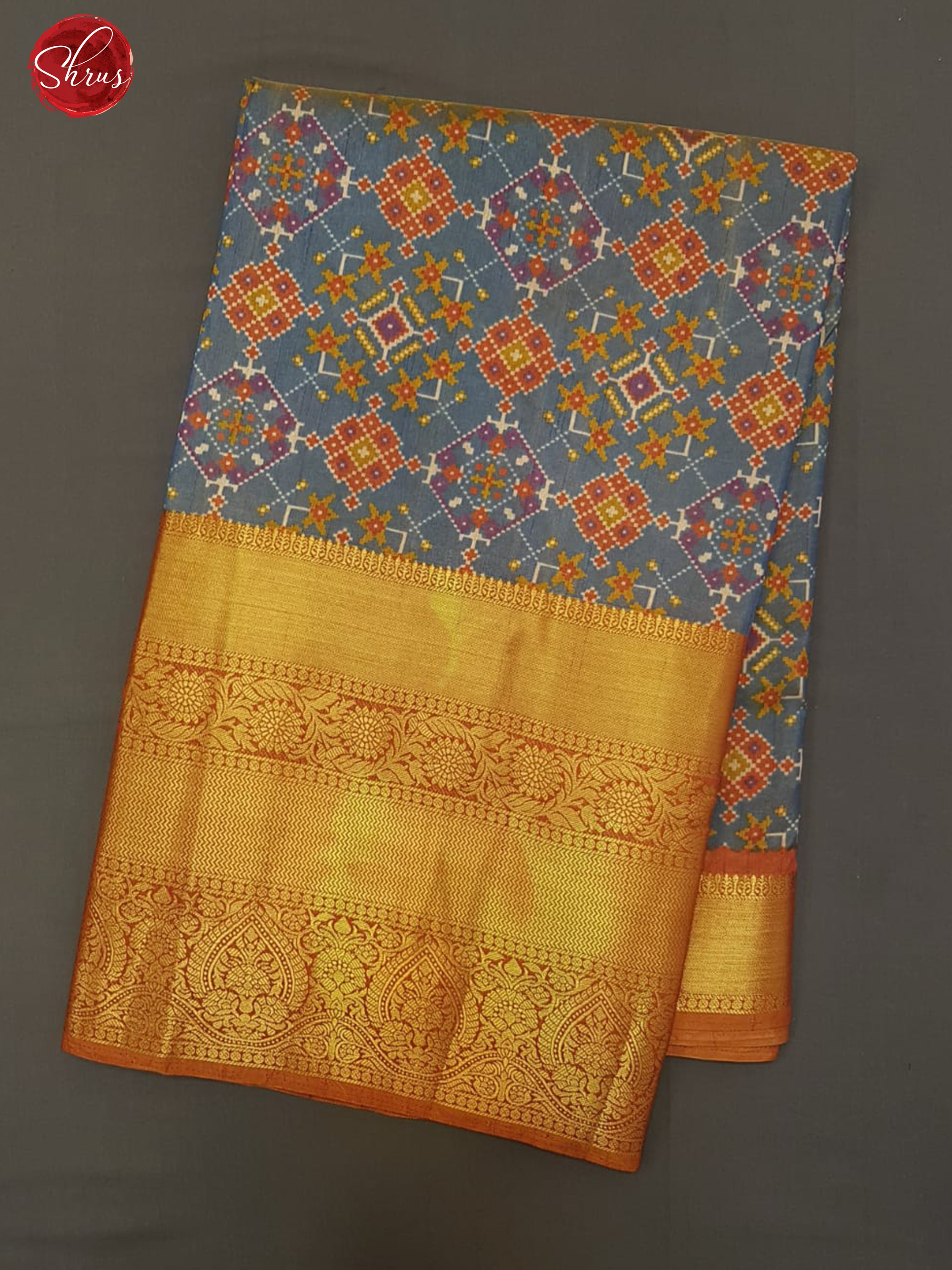 Blue & Brick-Semi Patola with patola floral print on the body & Zari Border - Shop on ShrusEternity.com