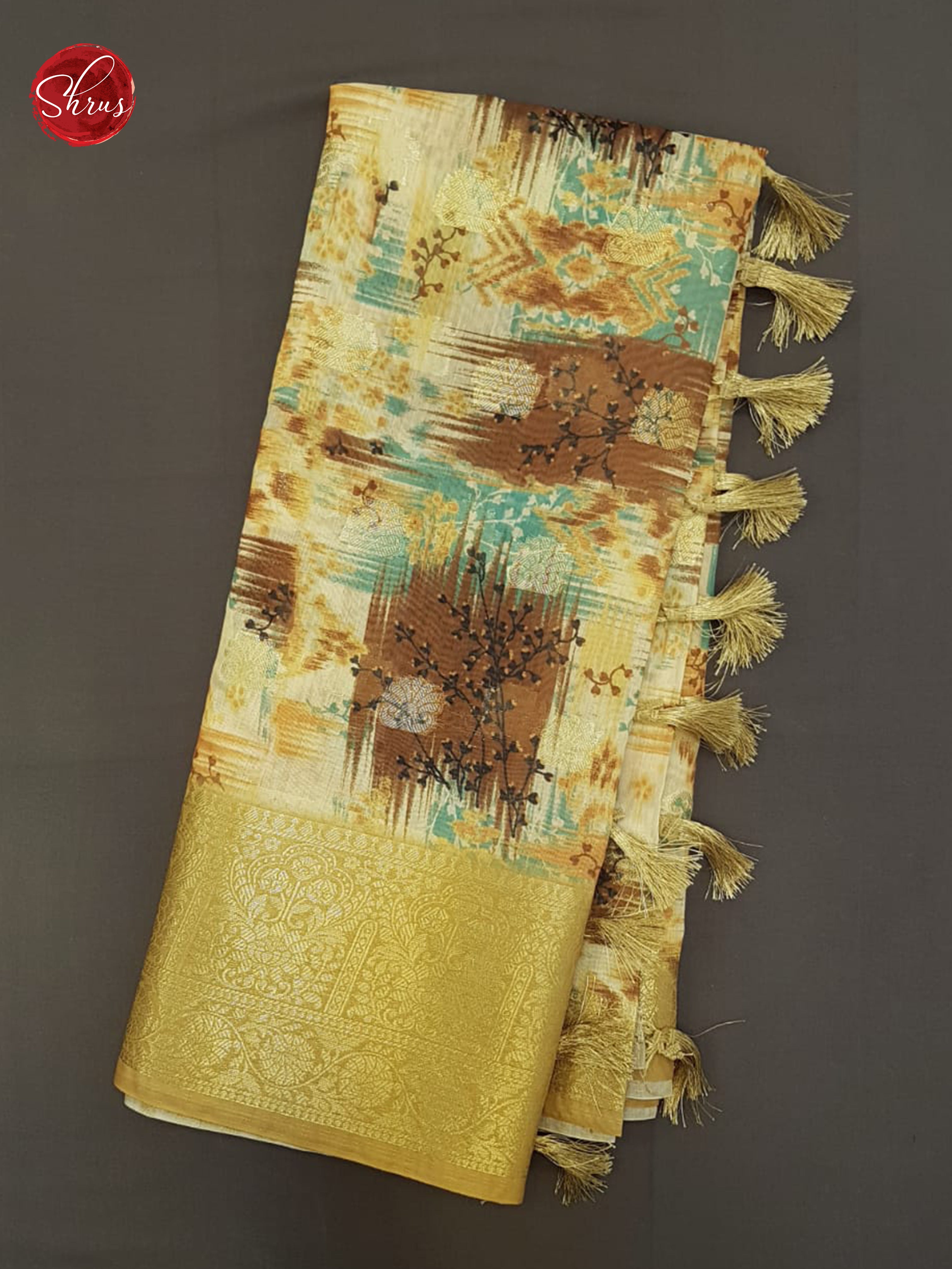 Beige & Dull Gold - Semi Chanderi with floral print on the body & Zari Border - Shop on ShrusEternity.com