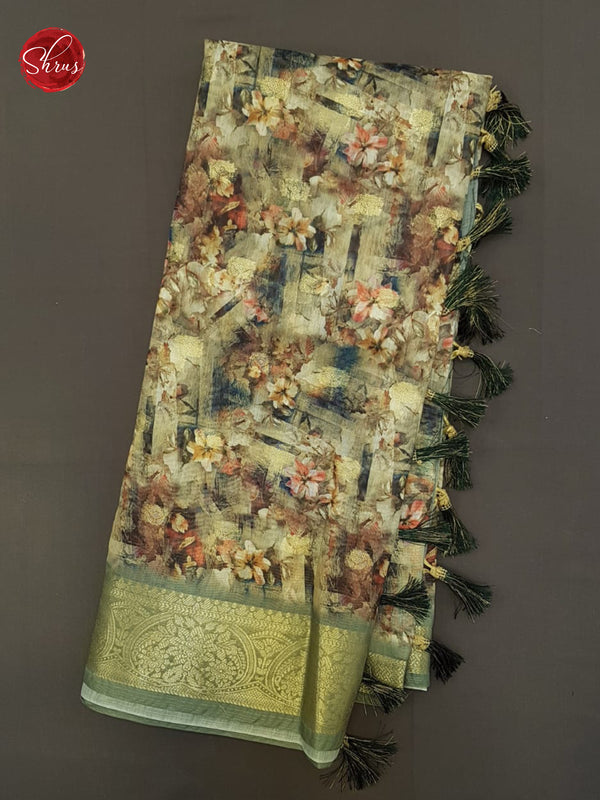 Grey & Green - Semi Chanderi with floral print on the body & Zari Border - Shop on ShrusEternity.com