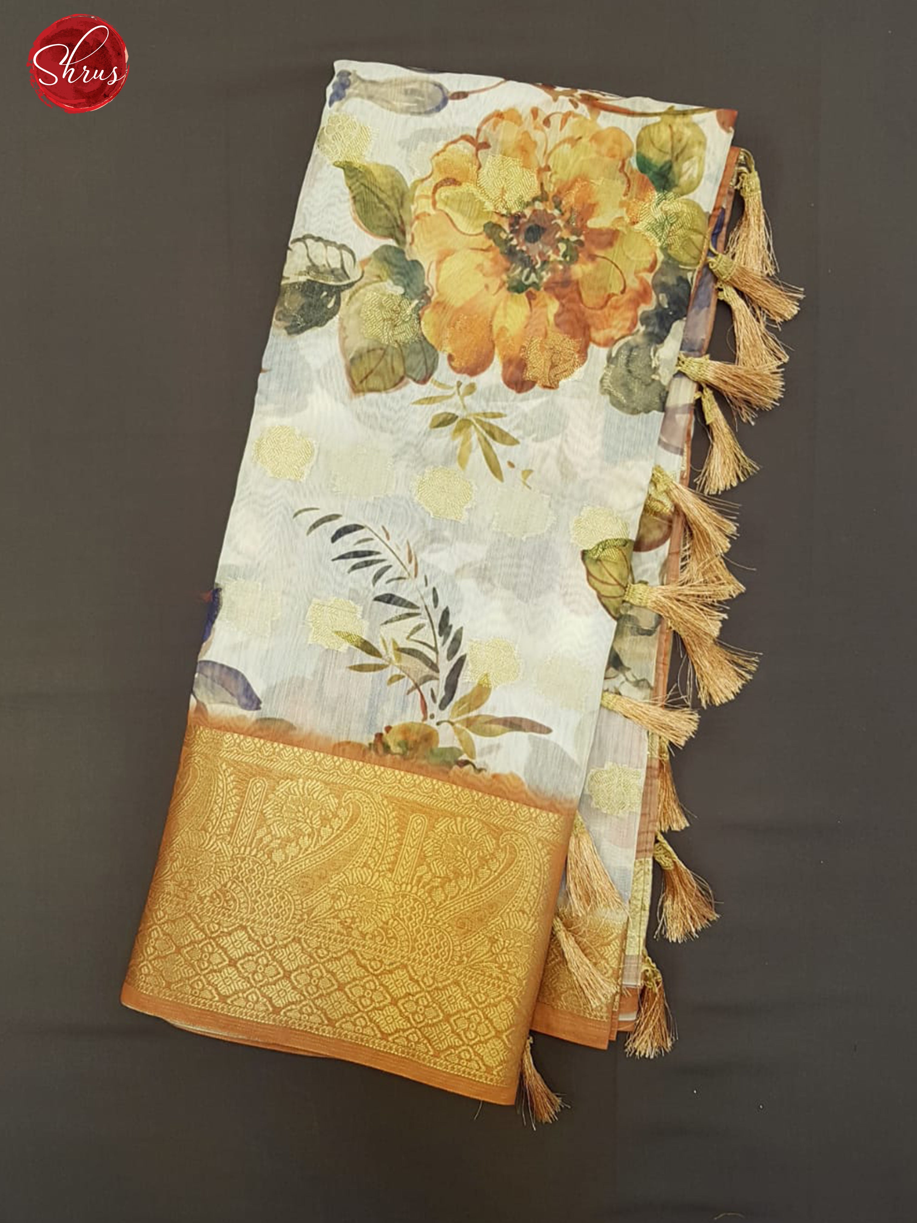 Cream & Brick -Semi Chanderi with floral print on the body  & contrast  Gold zari Border - Shop on ShrusEternity.com