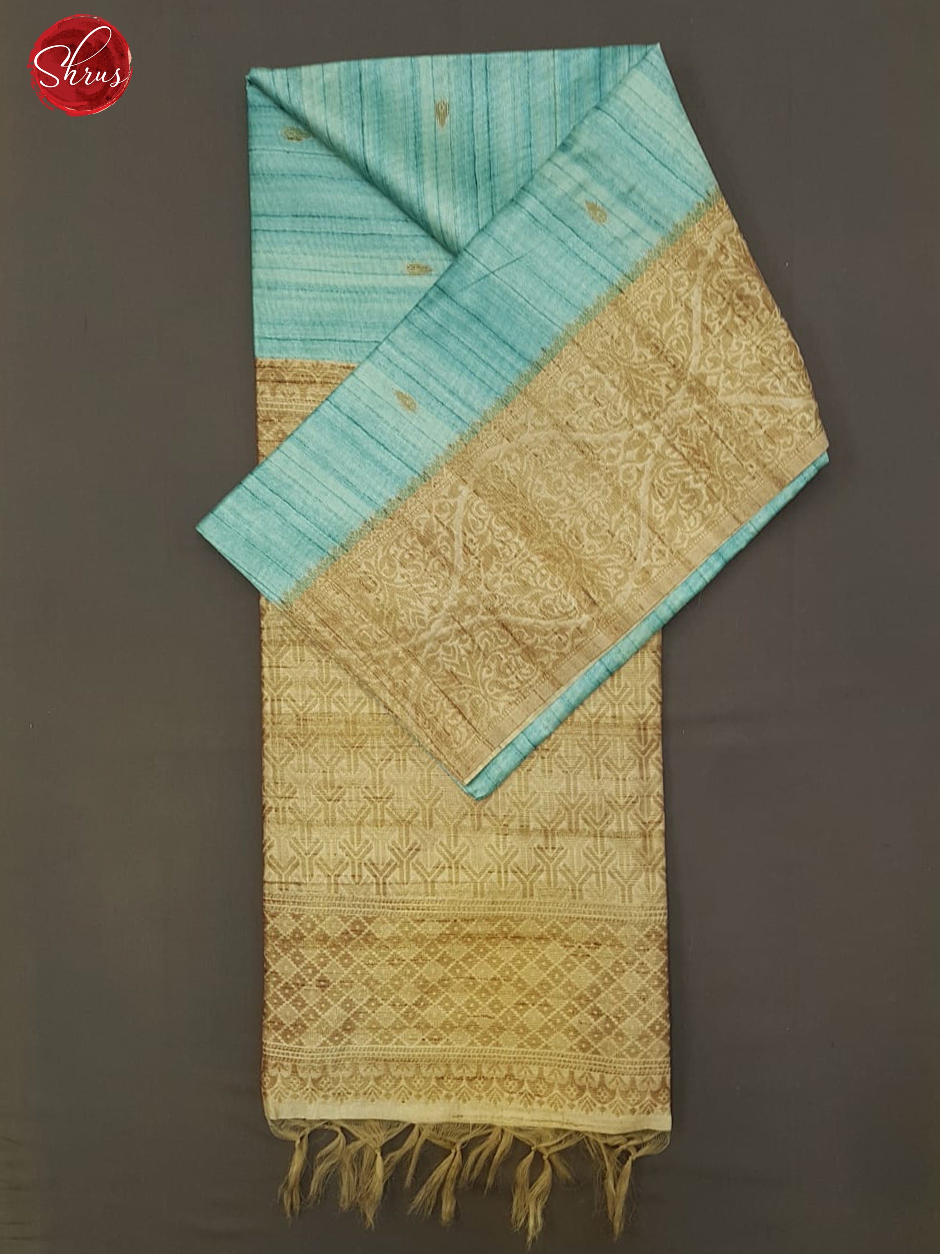 Blue & Beige -Semi Tussar with thread woven buttas on the body & Thread woven border - Shop on ShrusEternity.com