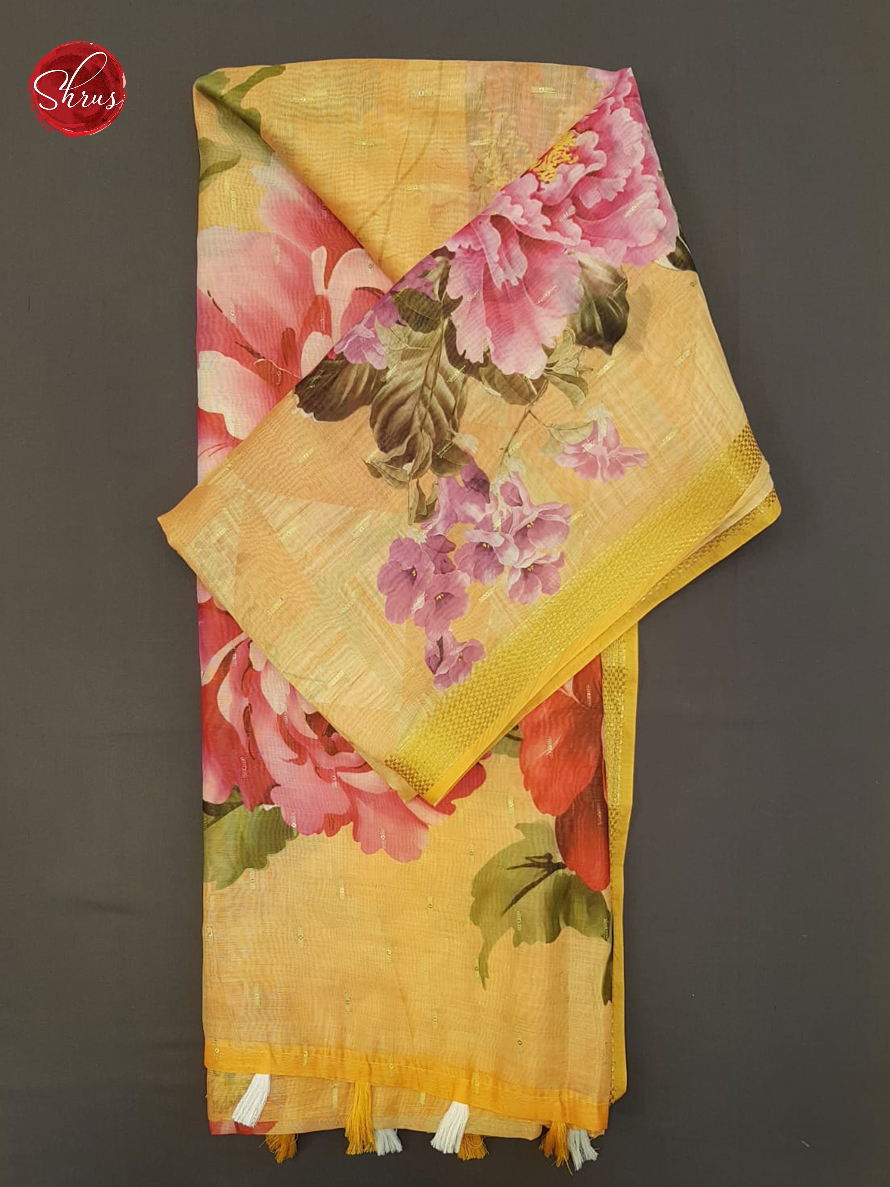 Yellow & Pink -  Semi Chanderi with floral print on the body & Zari Border - Shop on ShrusEternity.com