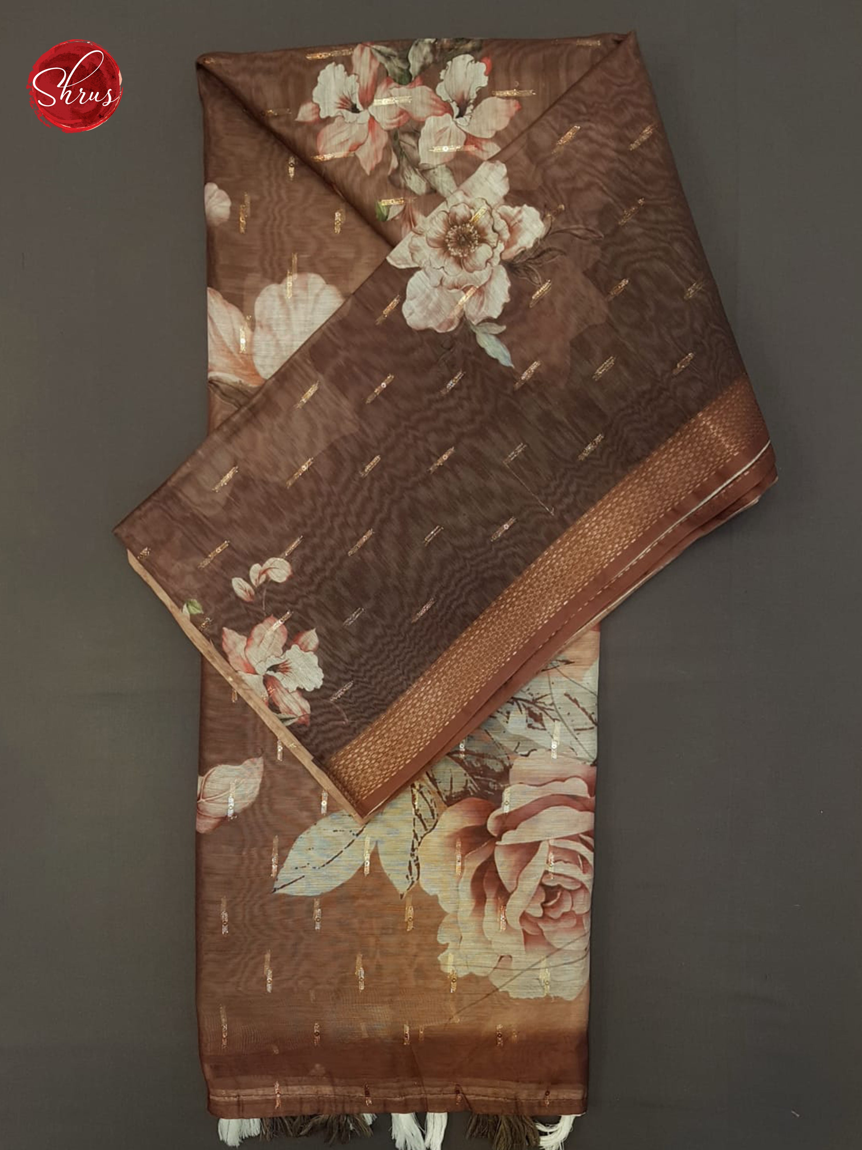 Brown(Single Tone)- Semi Chanderi with floral print on the body & Zari Border - Shop on ShrusEternity.com