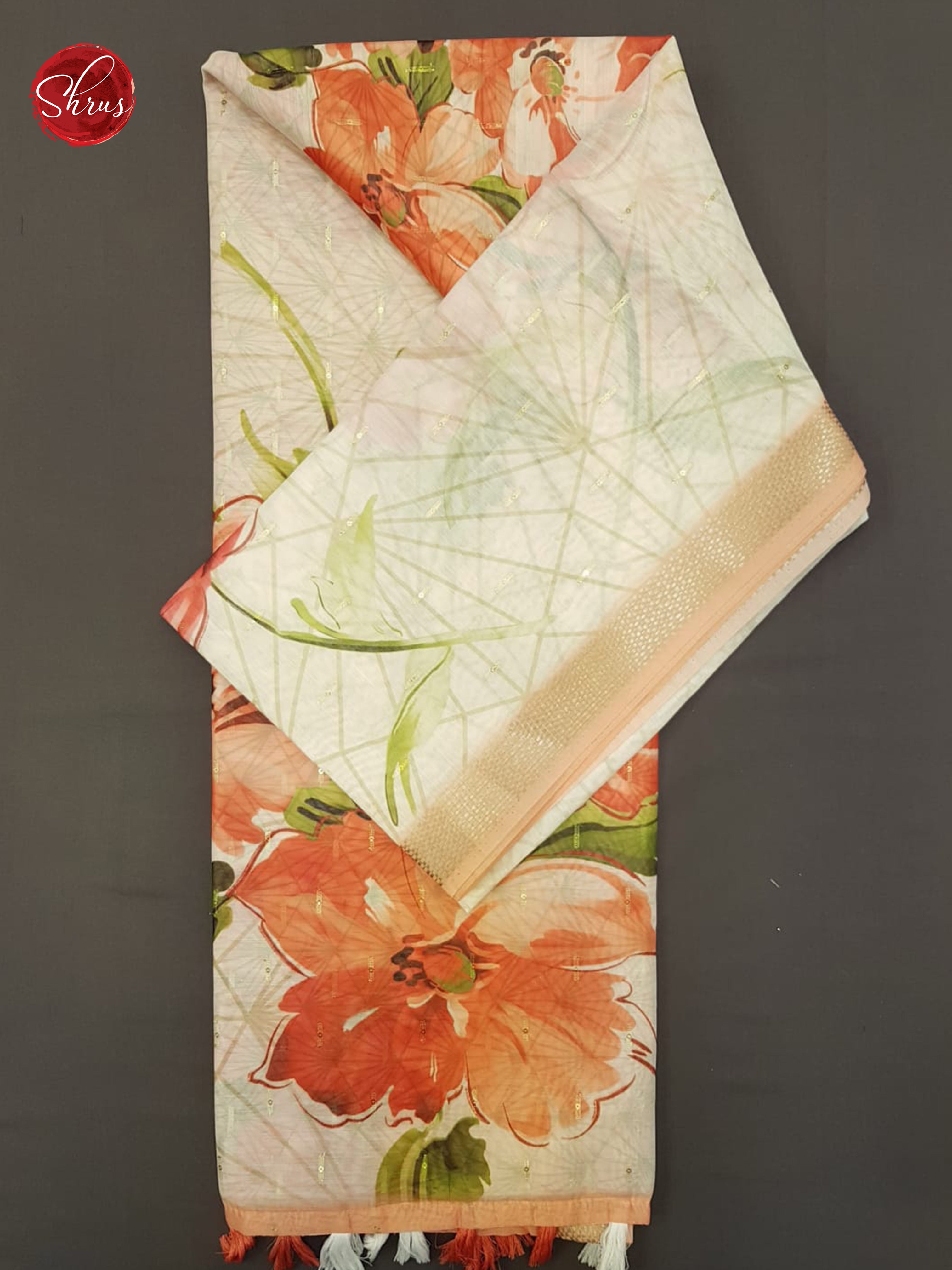 Cream & Peach - Semi Chanderi with floral print on the body & Zari Border - Shop on ShrusEternity.com