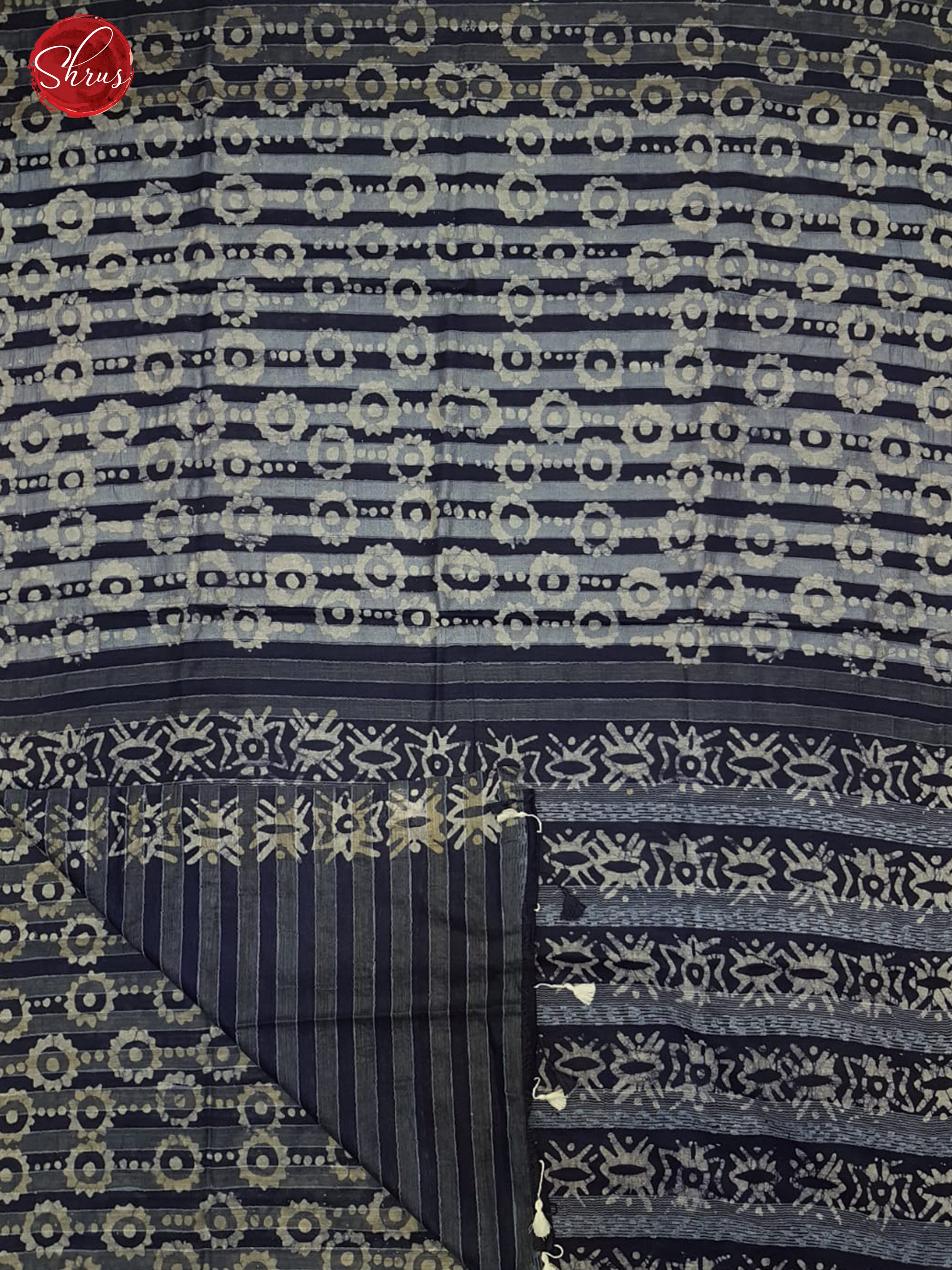Blue(Single Tone)- Bhatik with floral print on the body & Gold Zari Border - Shop on ShrusEternity.com