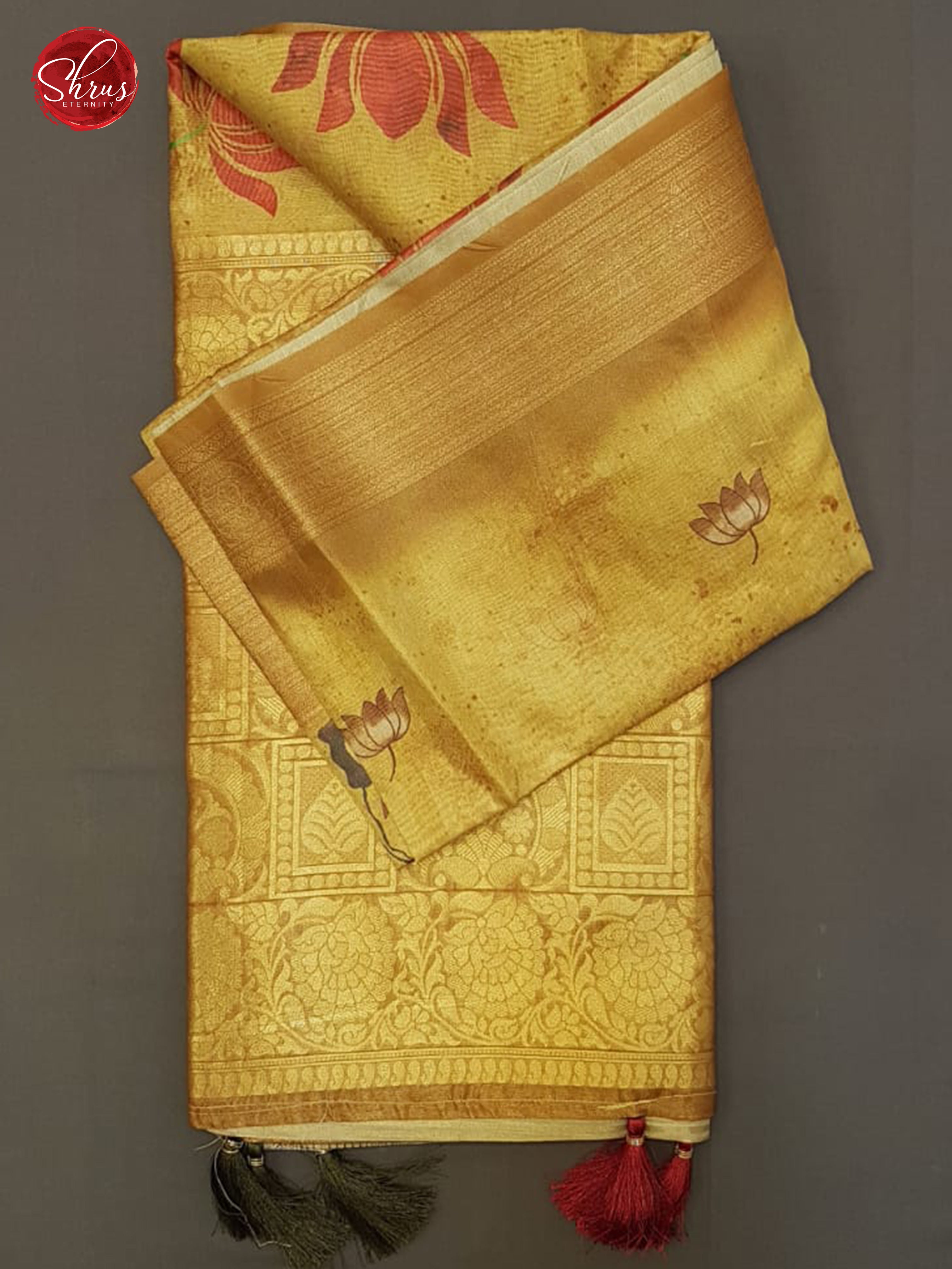 Gold(single Tone)-  Semi Jute with  floral  Print  on the Body & zari Border - Shop on ShrusEternity.com