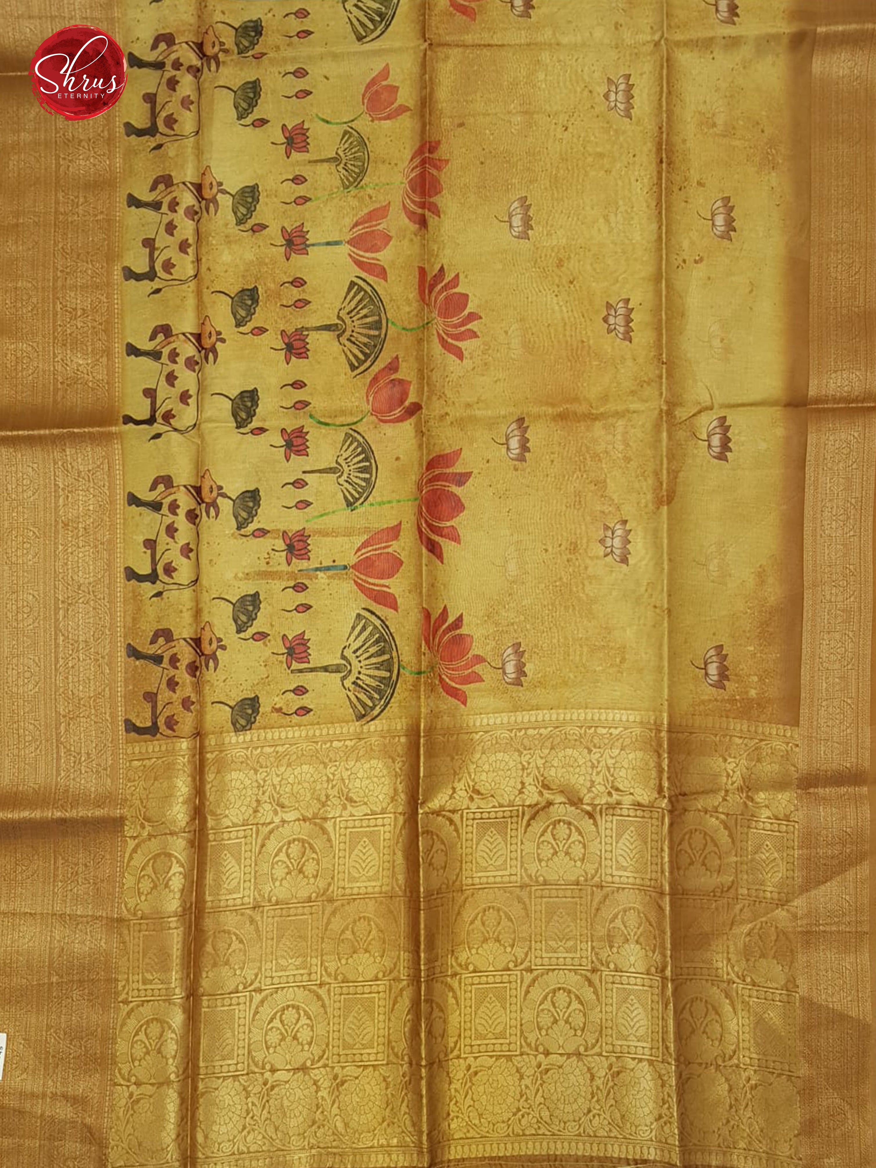 Gold(single Tone)-  Semi Jute with  floral  Print  on the Body & zari Border - Shop on ShrusEternity.com