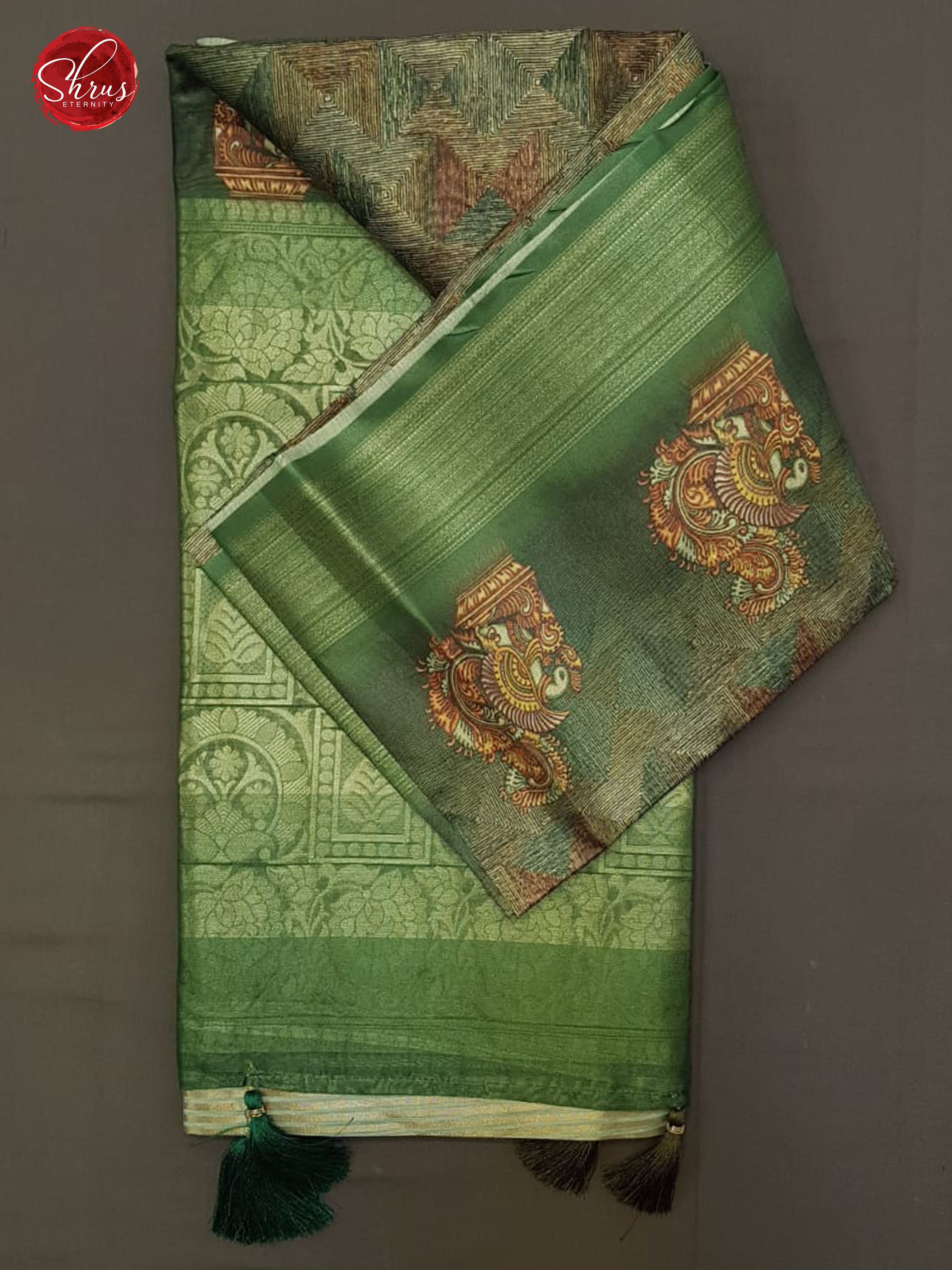 Grey & Green -   Semi Jute with  floral  Print  on the Body & contrast zari Border - Shop on ShrusEternity.com