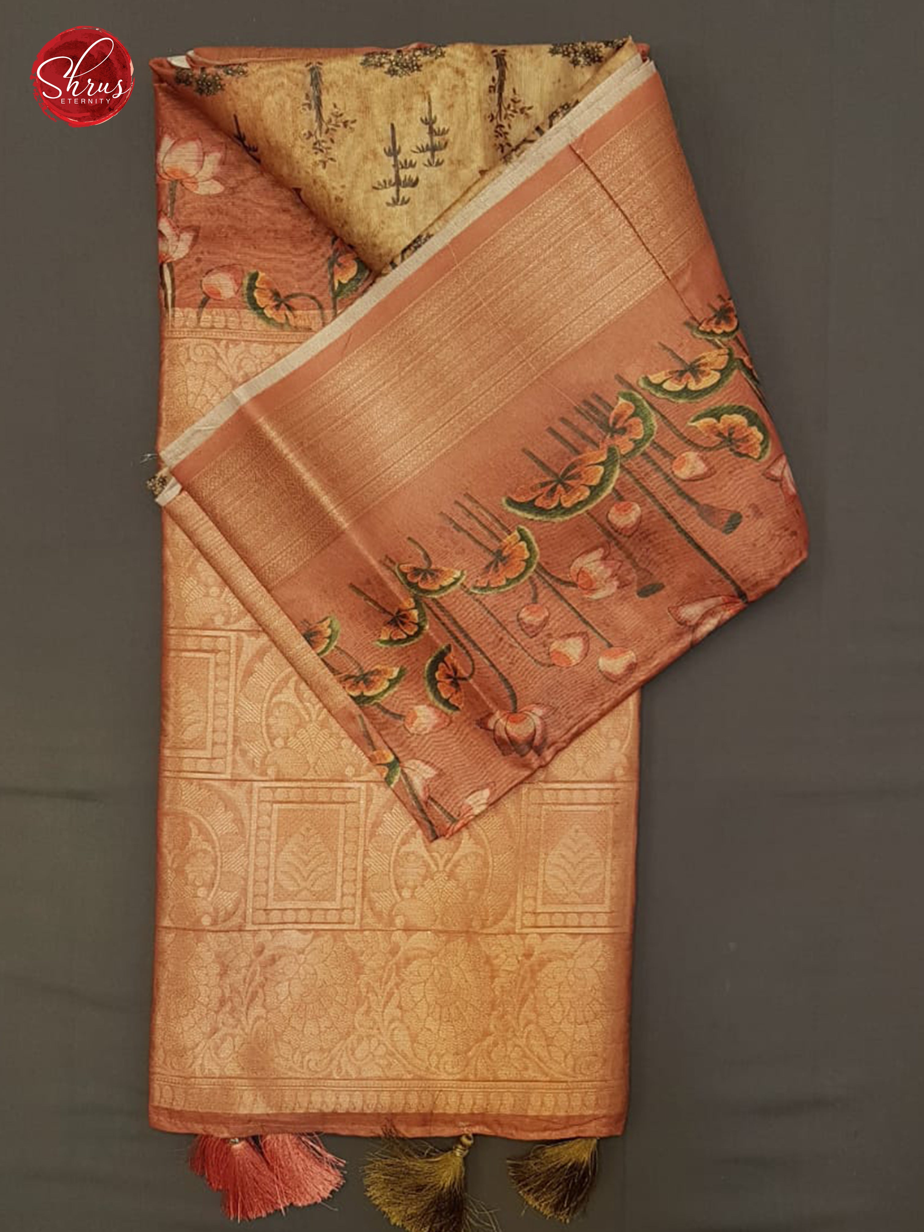 Gold & Brown - Semi Jute with  floral  Print  on the Body & contrast zari Border - Shop on ShrusEternity.com
