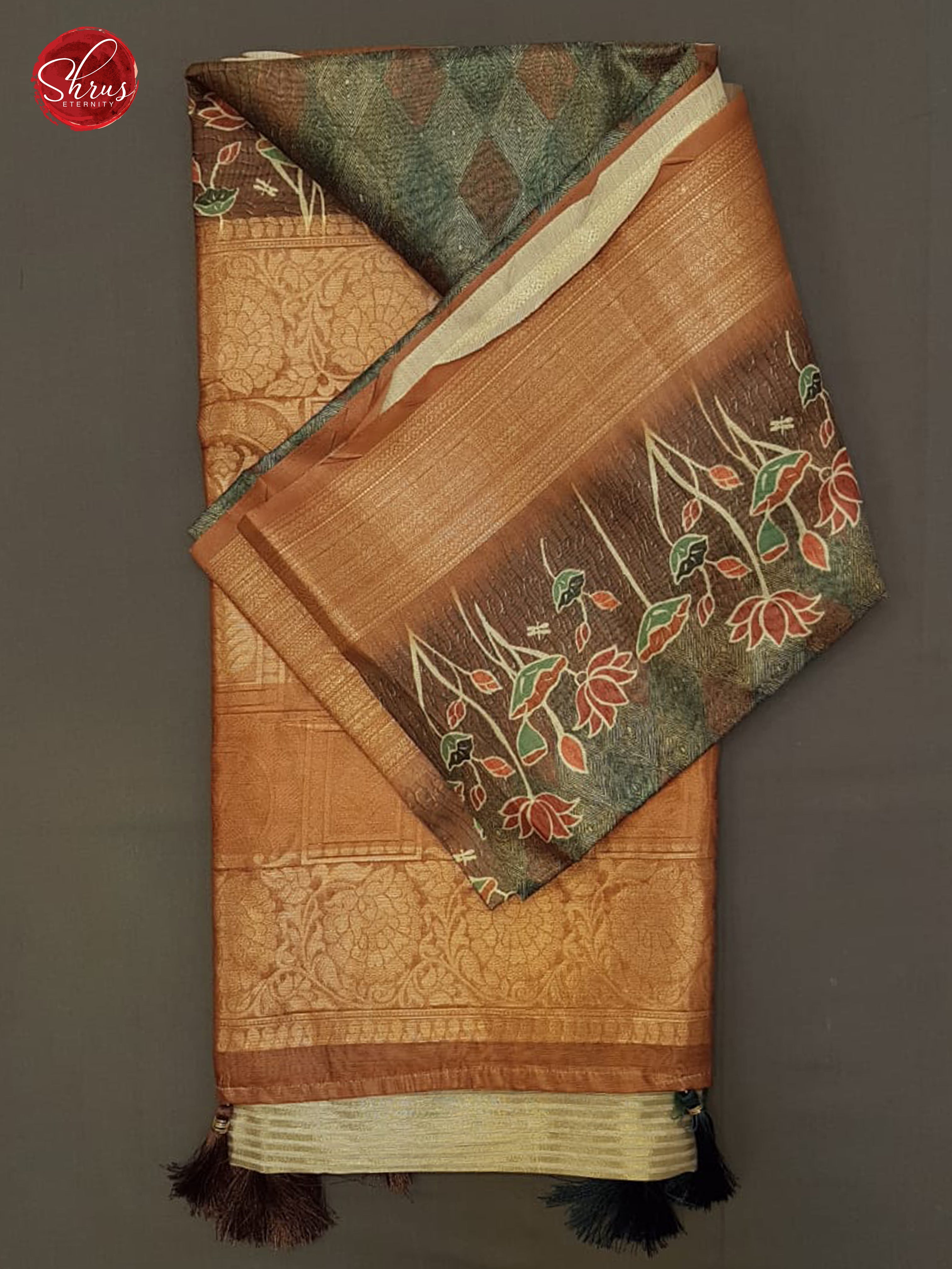 Grey & Brown -  Semi Jute with  floral  Print  on the Body & contrast zari Border - Shop on ShrusEternity.com