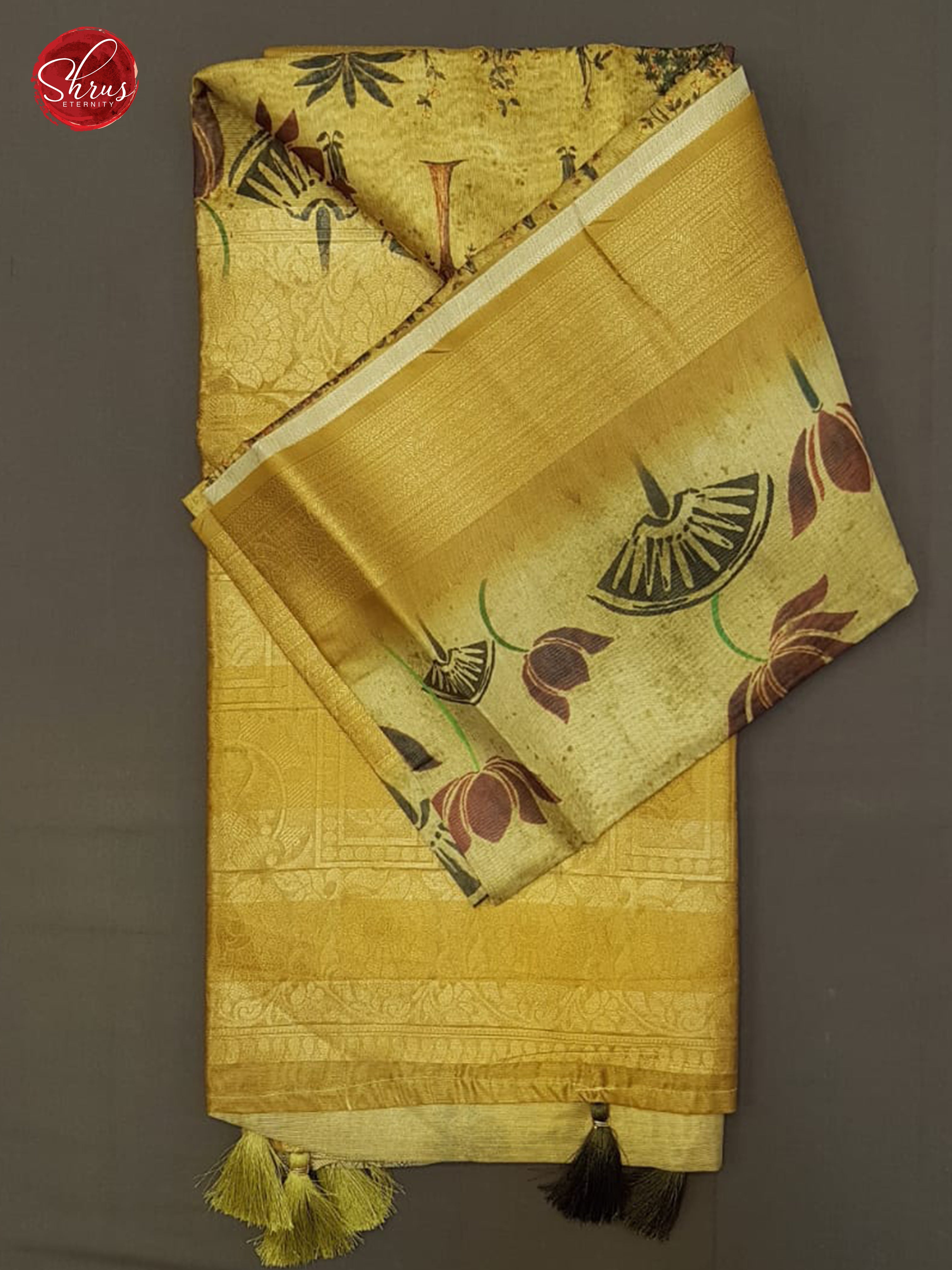 Dull Gold (Single Tone)-Semi Jute with  floral  Print  on the Body &zari Border - Shop on ShrusEternity.com