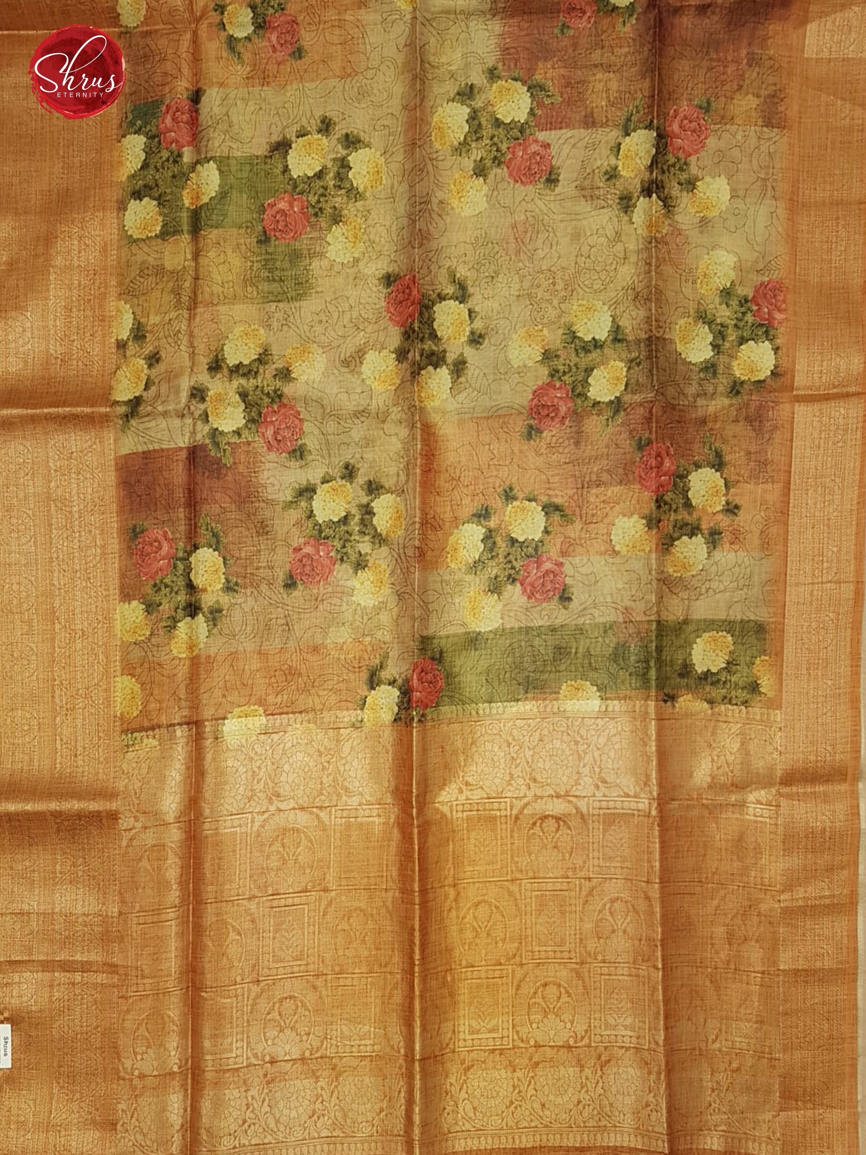 Brick (Single Tone)-  Semi Jute with  floral  Print  on the Body &   zari Border - Shop on ShrusEternity.com