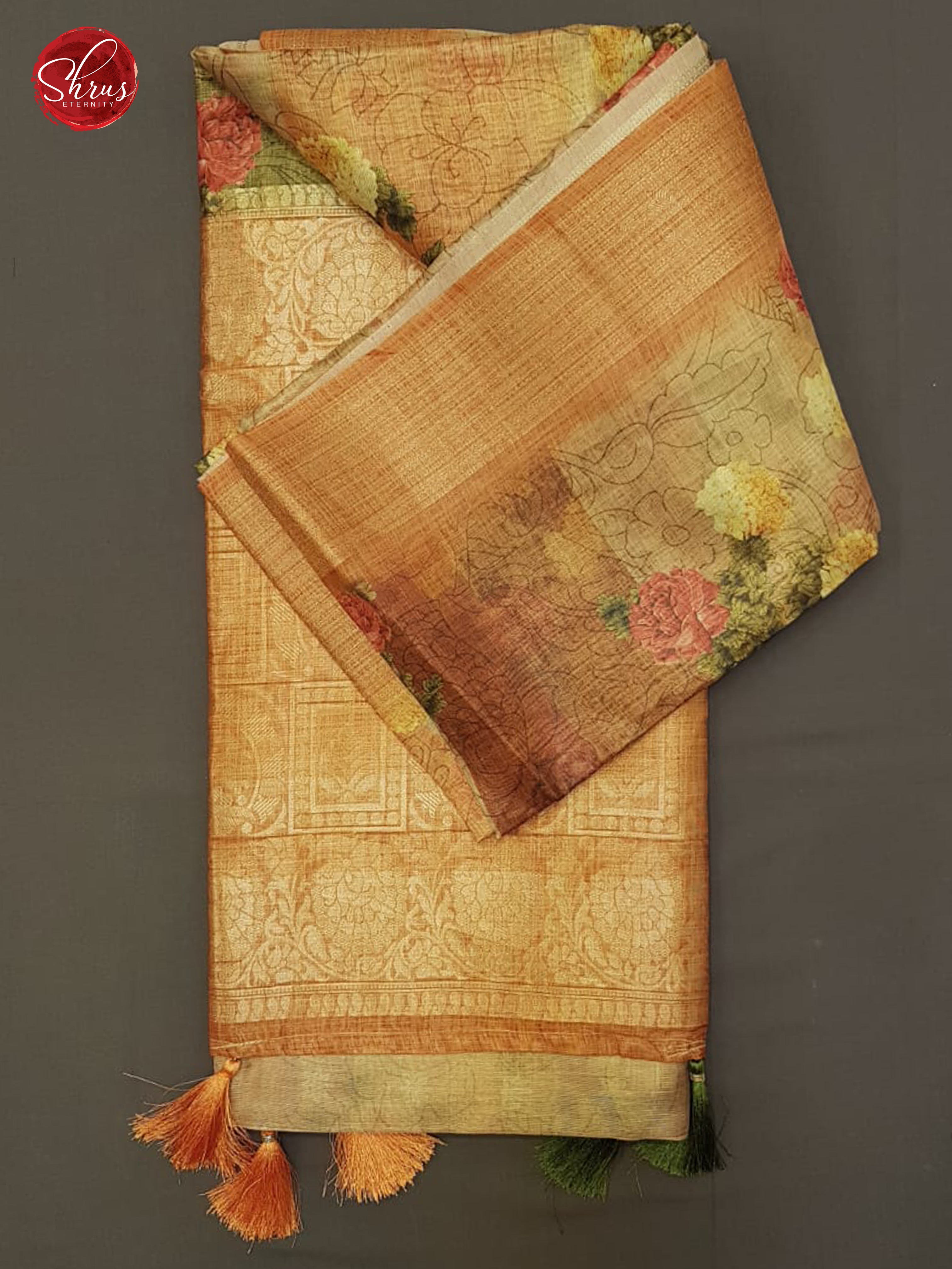 Brick (Single Tone)-  Semi Jute with  floral  Print  on the Body &   zari Border - Shop on ShrusEternity.com