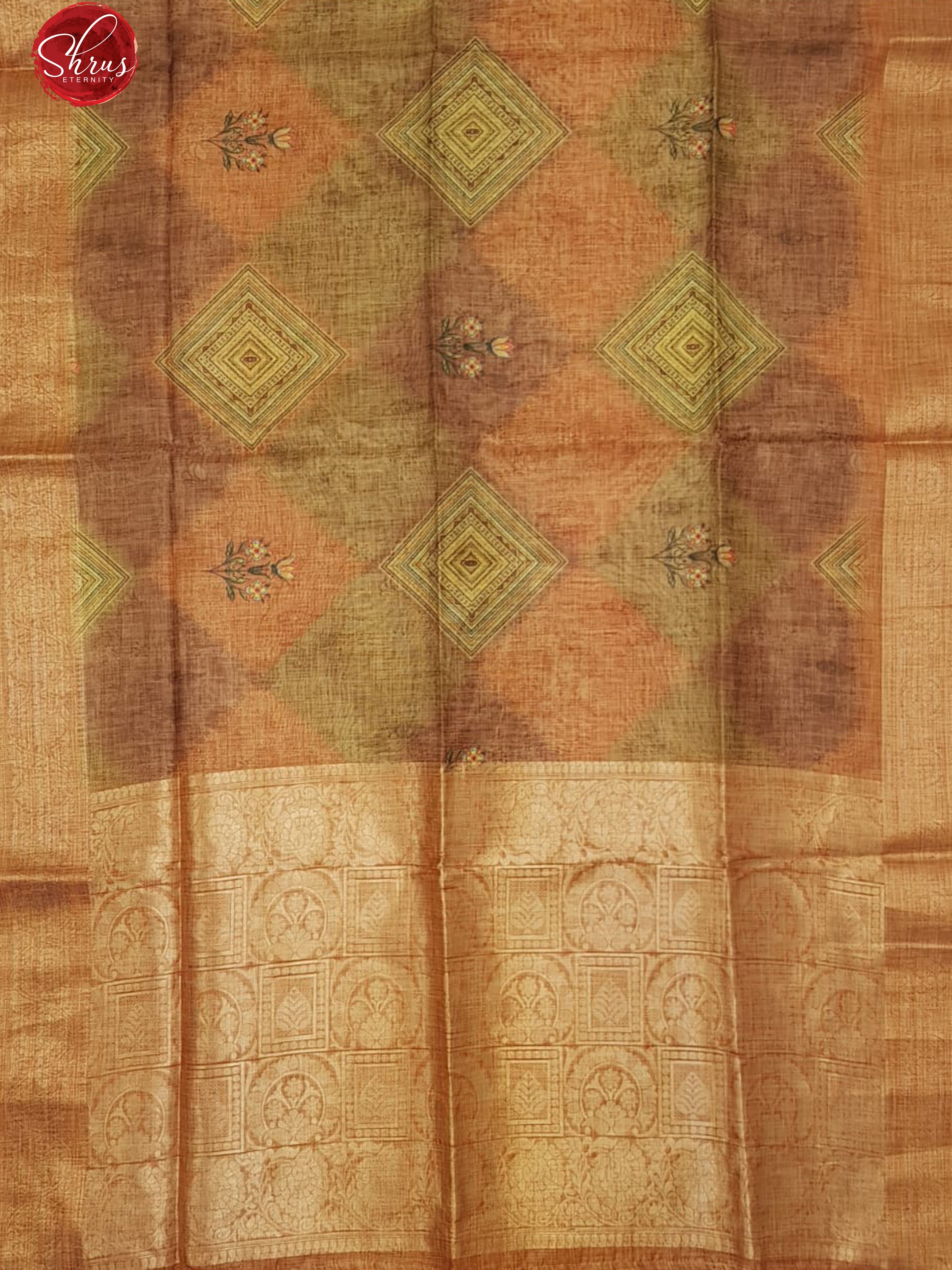 Brown (Single Tone)-  Jute with floral print on the body & zari Border - Shop on ShrusEternity.com