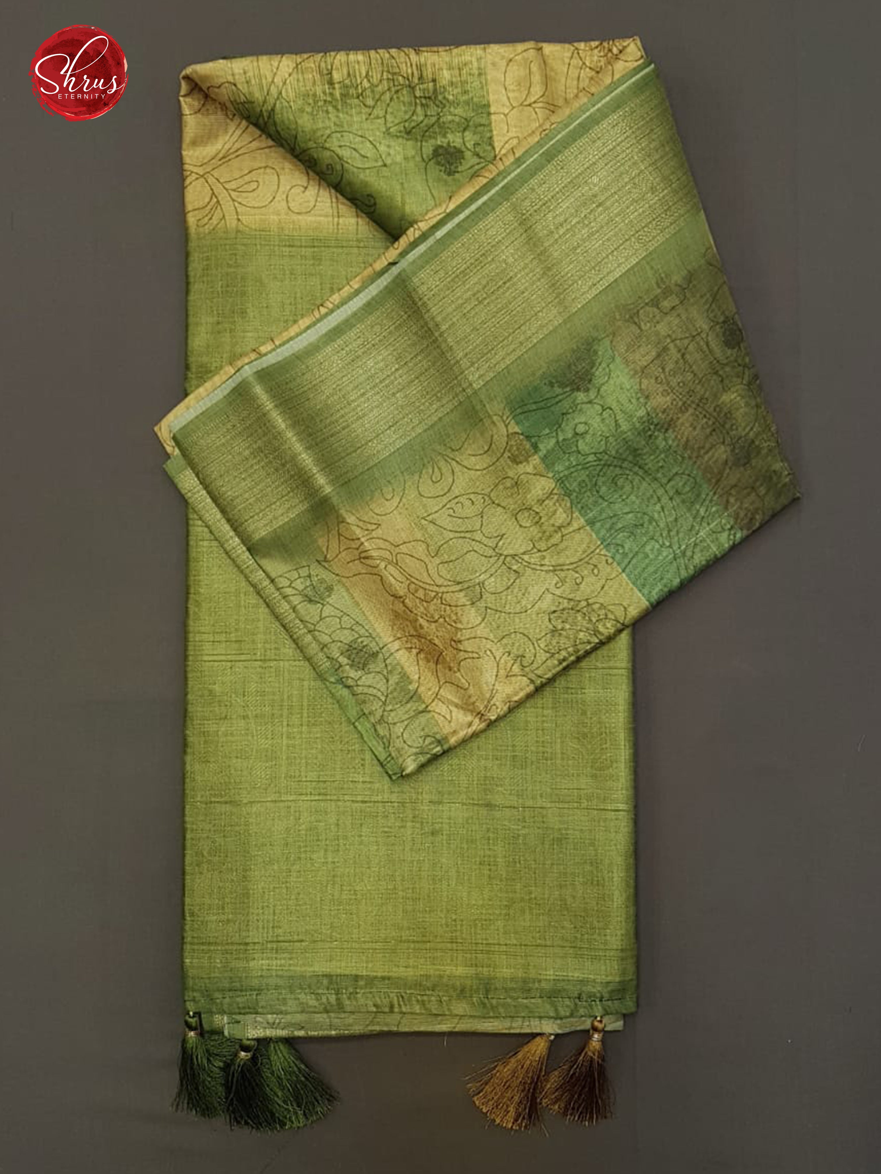 Beige & Green - Jute with floral print on  the body & Zari Border - Shop on ShrusEternity.com