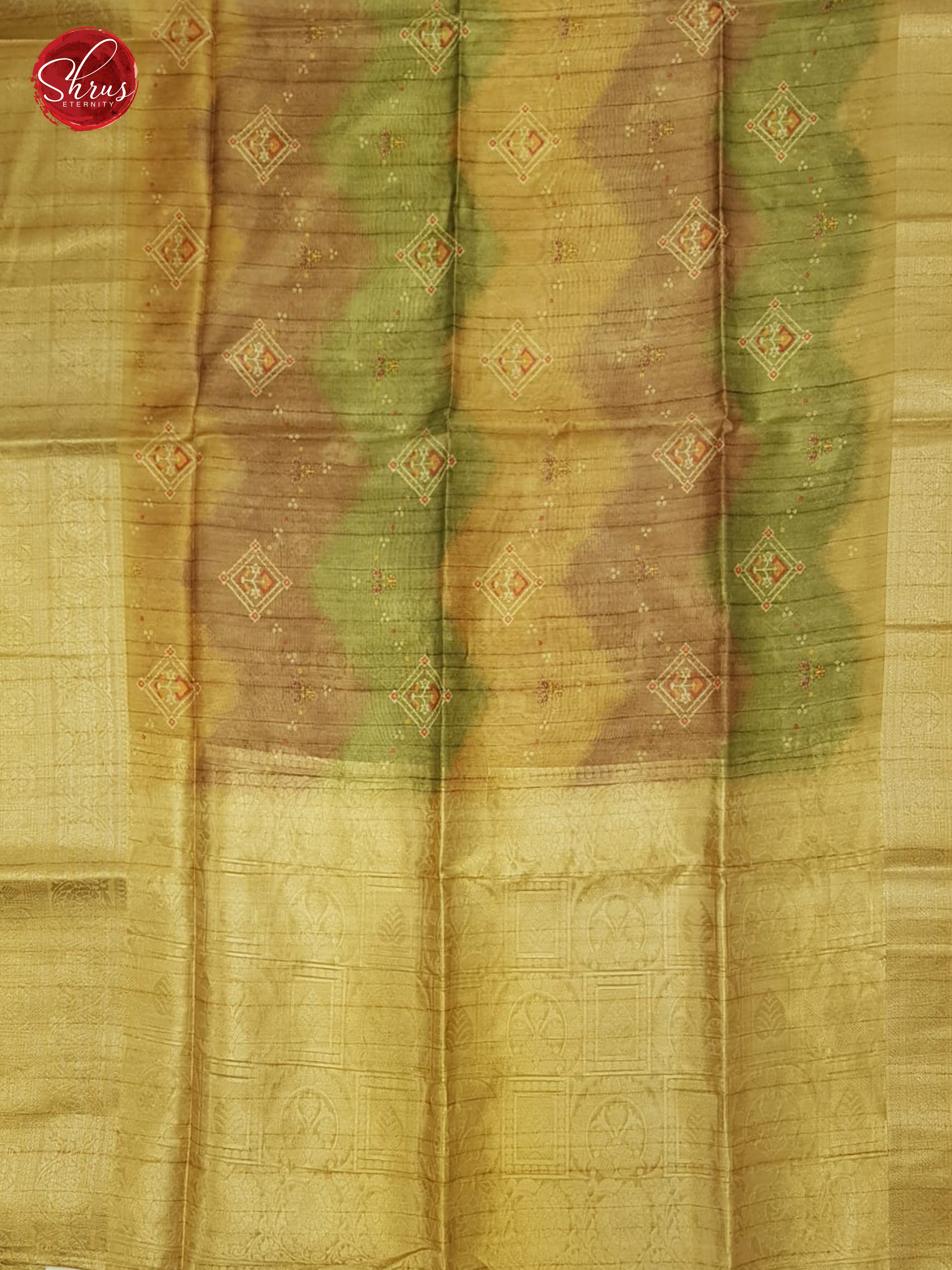 Dull Gold(Single Tone)-  Semi Jute with  floral  Print  on the Body &   zari Border - Shop on ShrusEternity.com