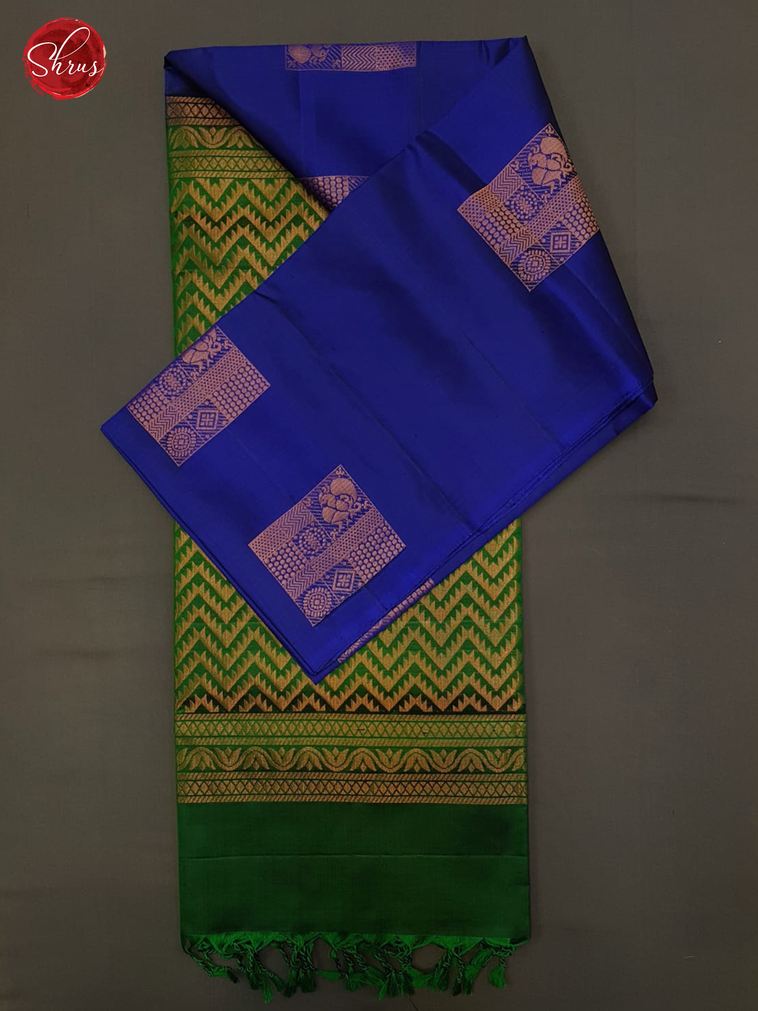 Blue & Green (Half Pure) - Borderless Saree with zari woven block motifs on the body - Shop on ShrusEternity.com