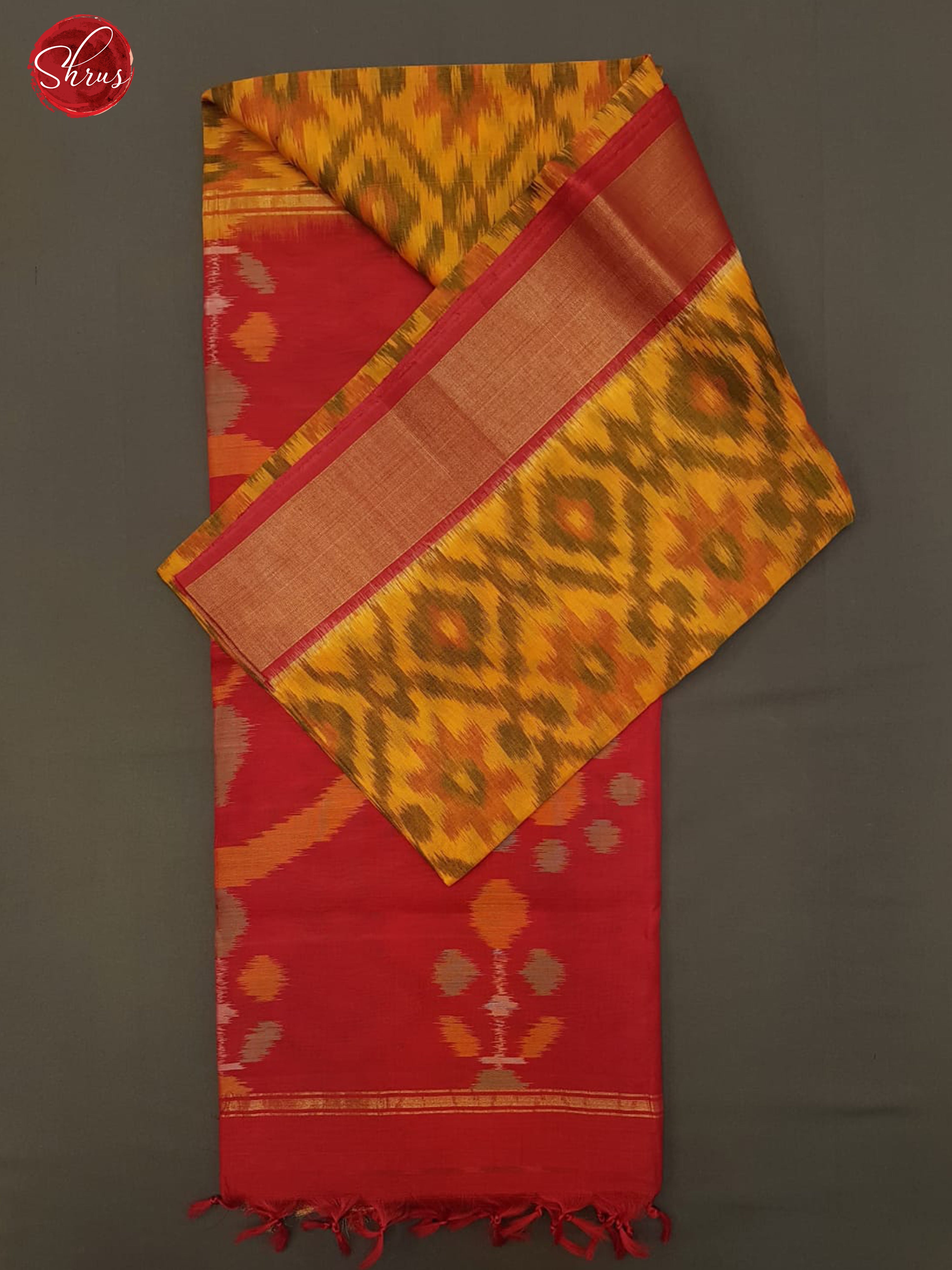 Yellow & Pink - Pochampally Silk Cotton with ikkat weaving pattern on the body & Contrast Zari border - Shop on ShrusEternity.com