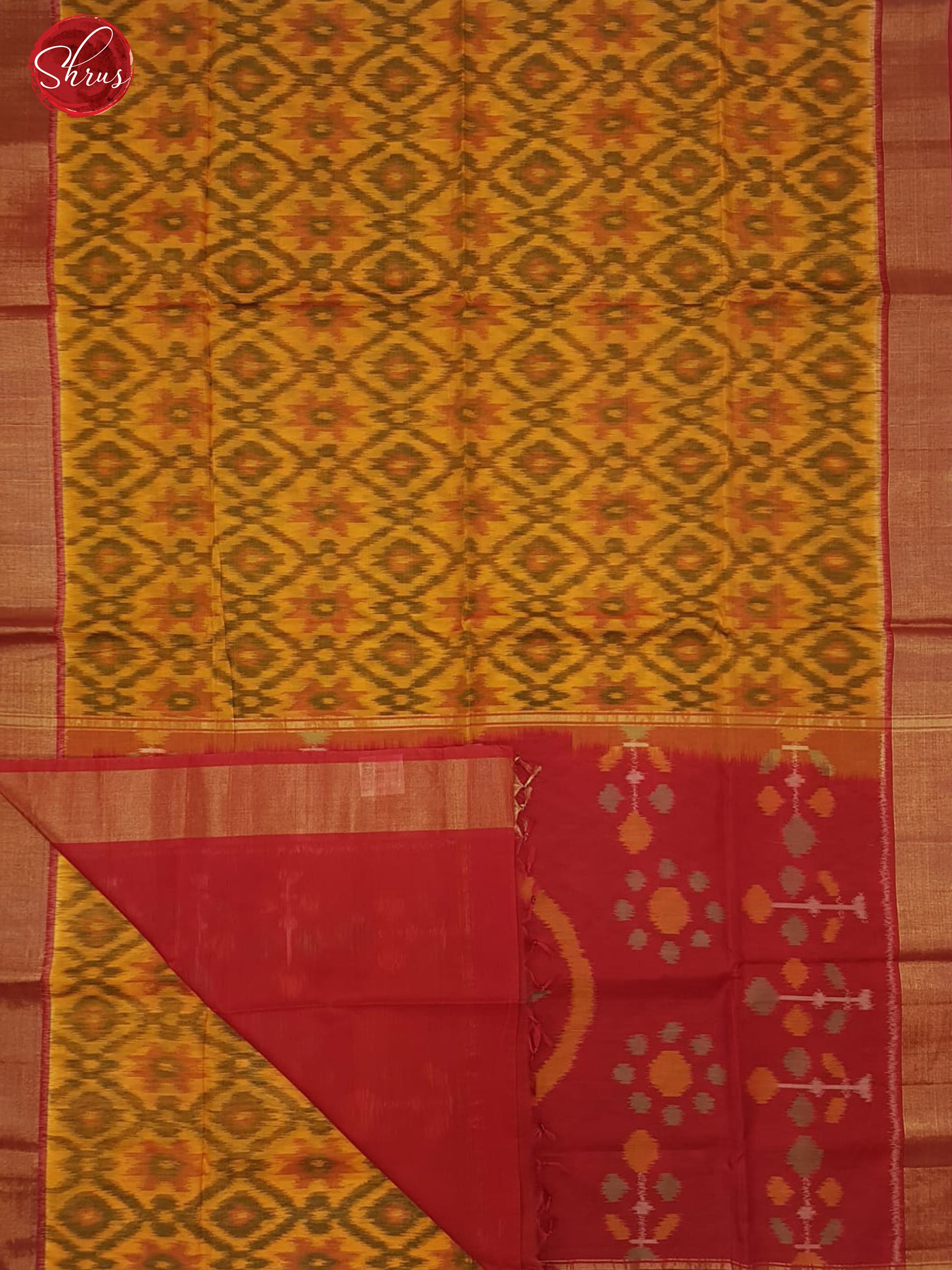 Yellow & Pink - Pochampally Silk Cotton with ikkat weaving pattern on the body & Contrast Zari border - Shop on ShrusEternity.com