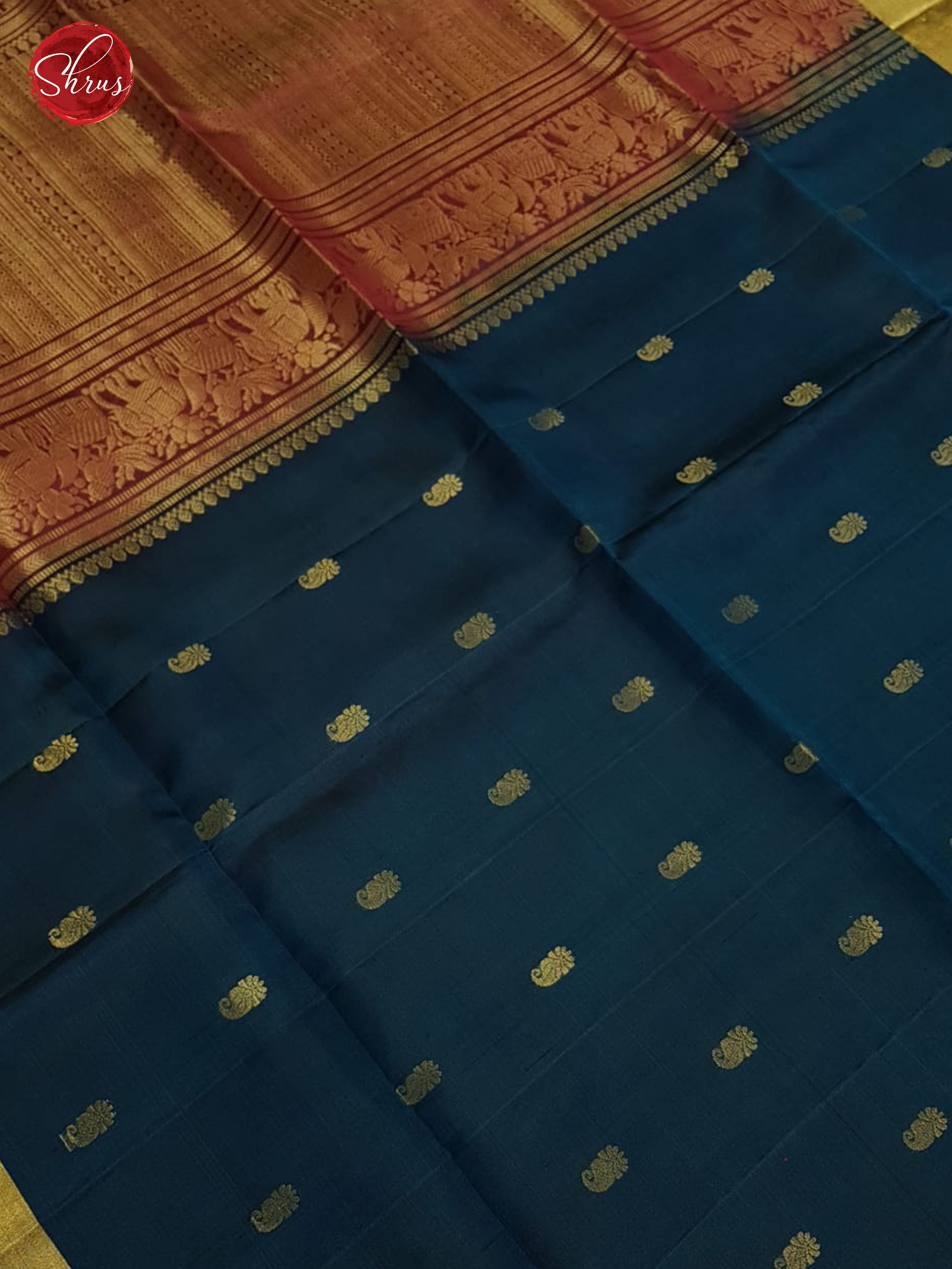 Blue & Maroon -Soft Silk with zari buttas on the body & zari Border - Shop on ShrusEternity.com