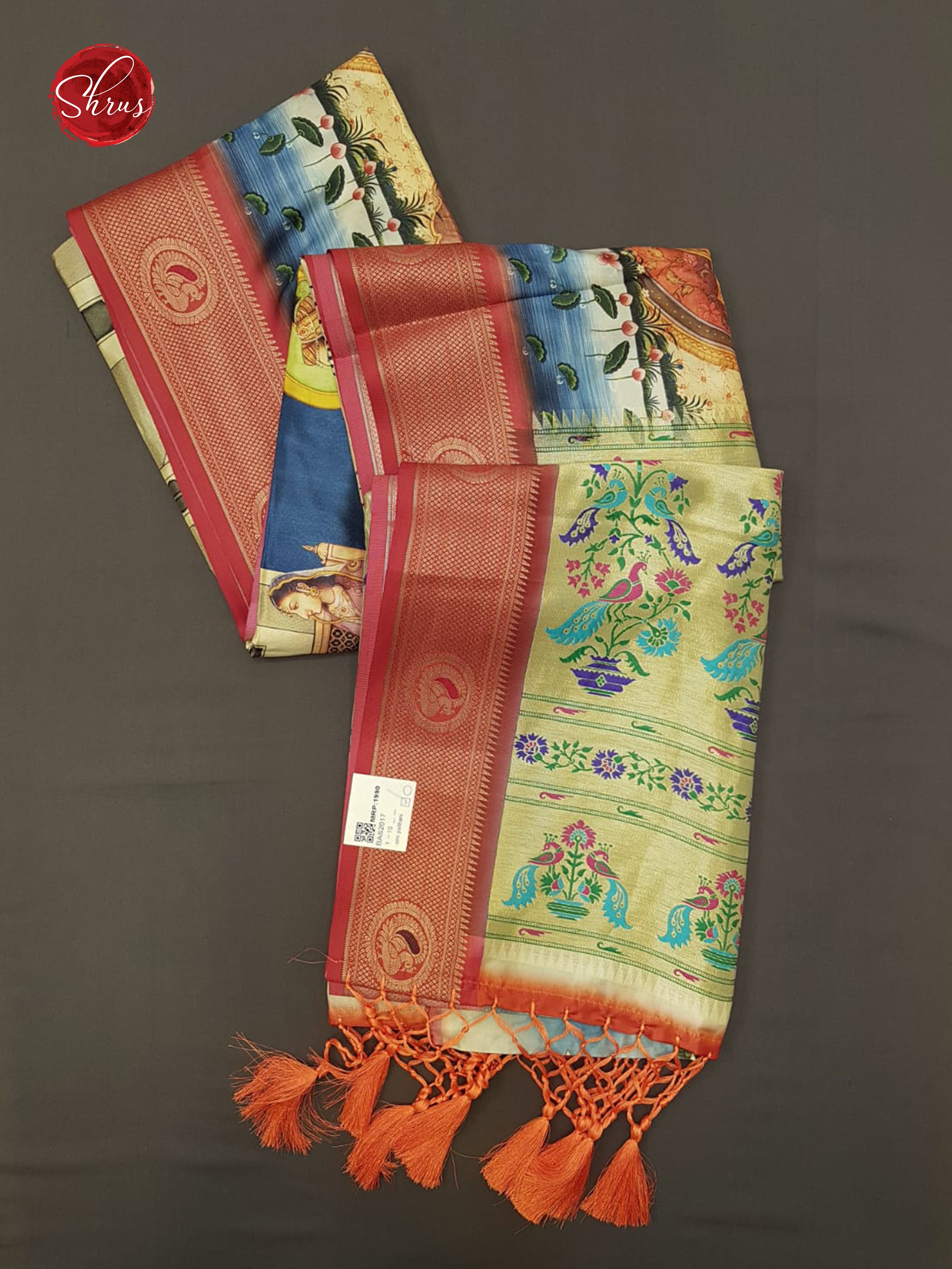 Green & Orange -Semi Paithani with art printed  body &  contrast Zari Border - Shop on ShrusEternity.com