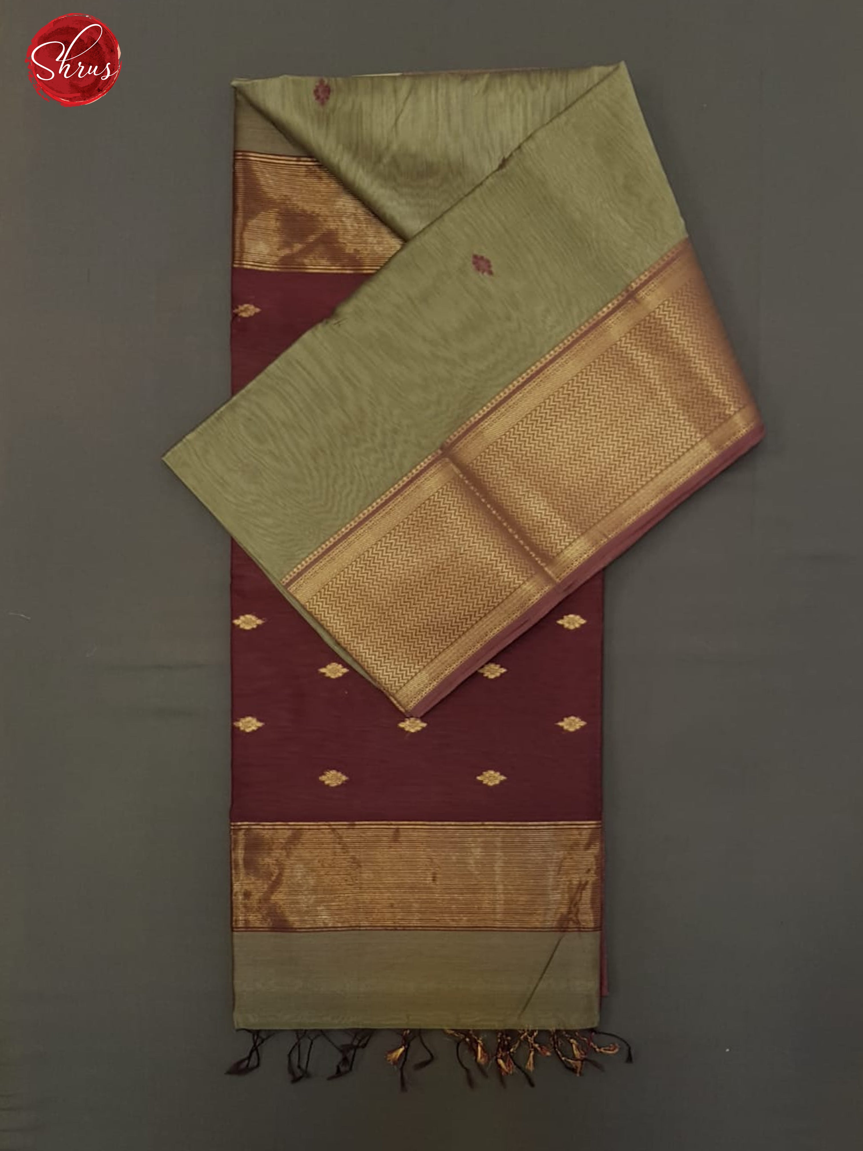 Dusty Grey & Maroon -  Maheshwari Silk Cotton with zari woven buttas on the   Body & Zari border - Shop on ShrusEternity.com